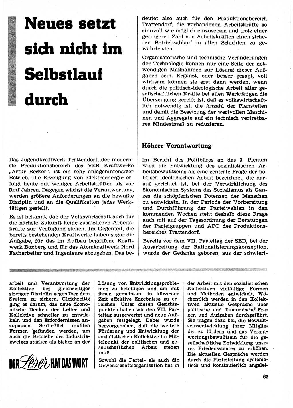 Neuer Weg (NW), Organ des Zentralkomitees (ZK) der SED (Sozialistische Einheitspartei Deutschlands) für Fragen des Parteilebens, 23. Jahrgang [Deutsche Demokratische Republik (DDR)] 1968, Seite 63 (NW ZK SED DDR 1968, S. 63)