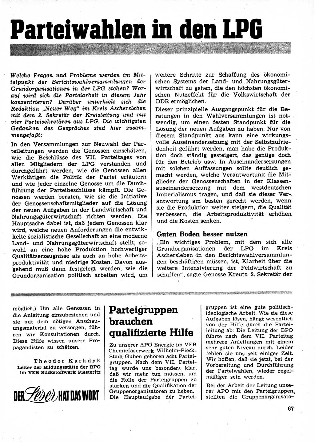 Neuer Weg (NW), Organ des Zentralkomitees (ZK) der SED (Sozialistische Einheitspartei Deutschlands) für Fragen des Parteilebens, 23. Jahrgang [Deutsche Demokratische Republik (DDR)] 1968, Seite 67 (NW ZK SED DDR 1968, S. 67)