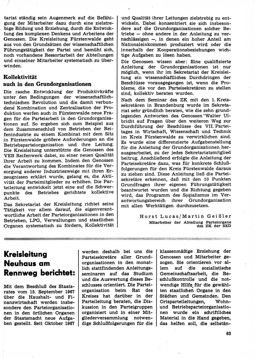 Neuer Weg (NW), Organ des Zentralkomitees (ZK) der SED (Sozialistische Einheitspartei Deutschlands) für Fragen des Parteilebens, 23. Jahrgang [Deutsche Demokratische Republik (DDR)] 1968, Seite 83 (NW ZK SED DDR 1968, S. 83)