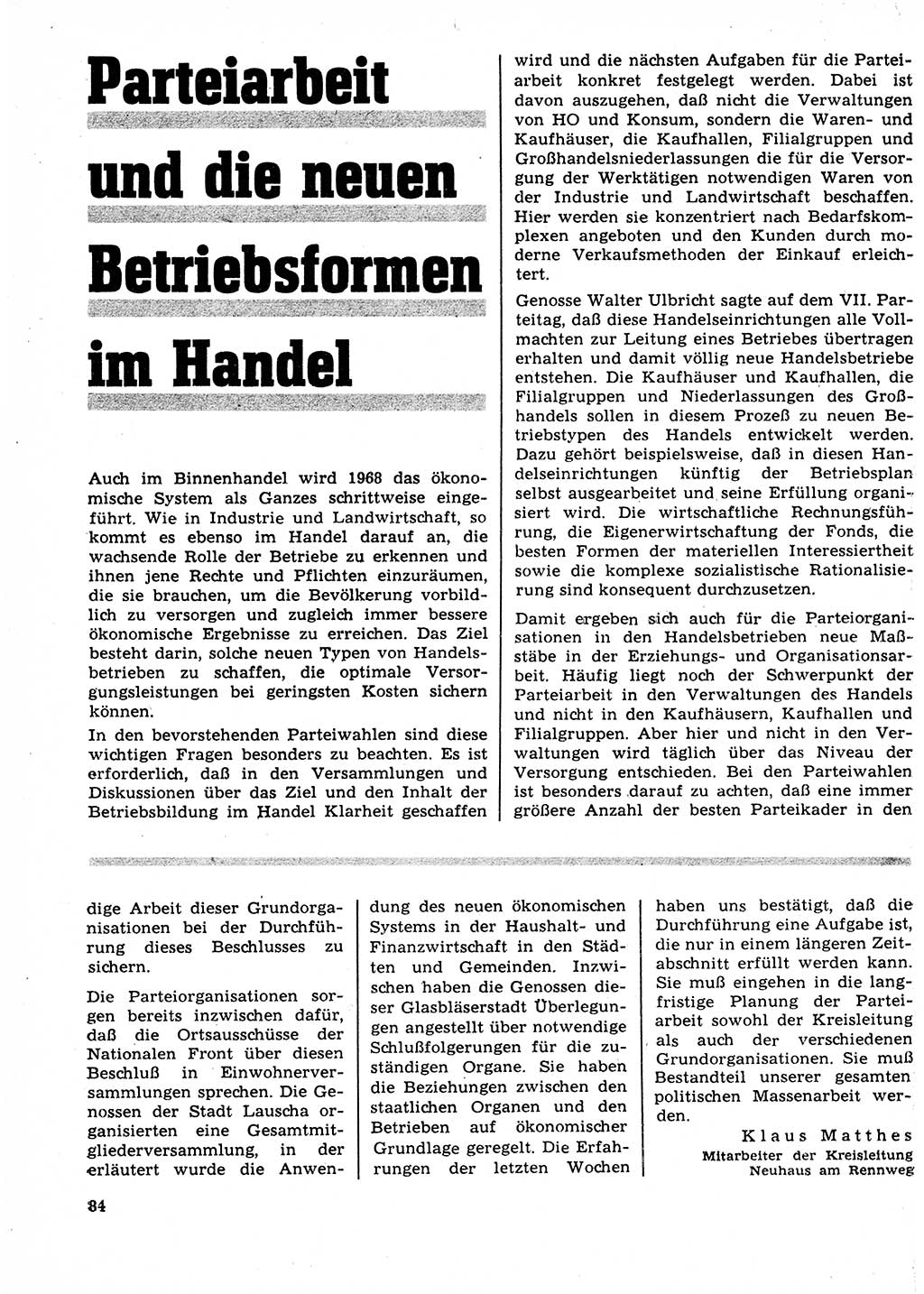 Neuer Weg (NW), Organ des Zentralkomitees (ZK) der SED (Sozialistische Einheitspartei Deutschlands) für Fragen des Parteilebens, 23. Jahrgang [Deutsche Demokratische Republik (DDR)] 1968, Seite 84 (NW ZK SED DDR 1968, S. 84)