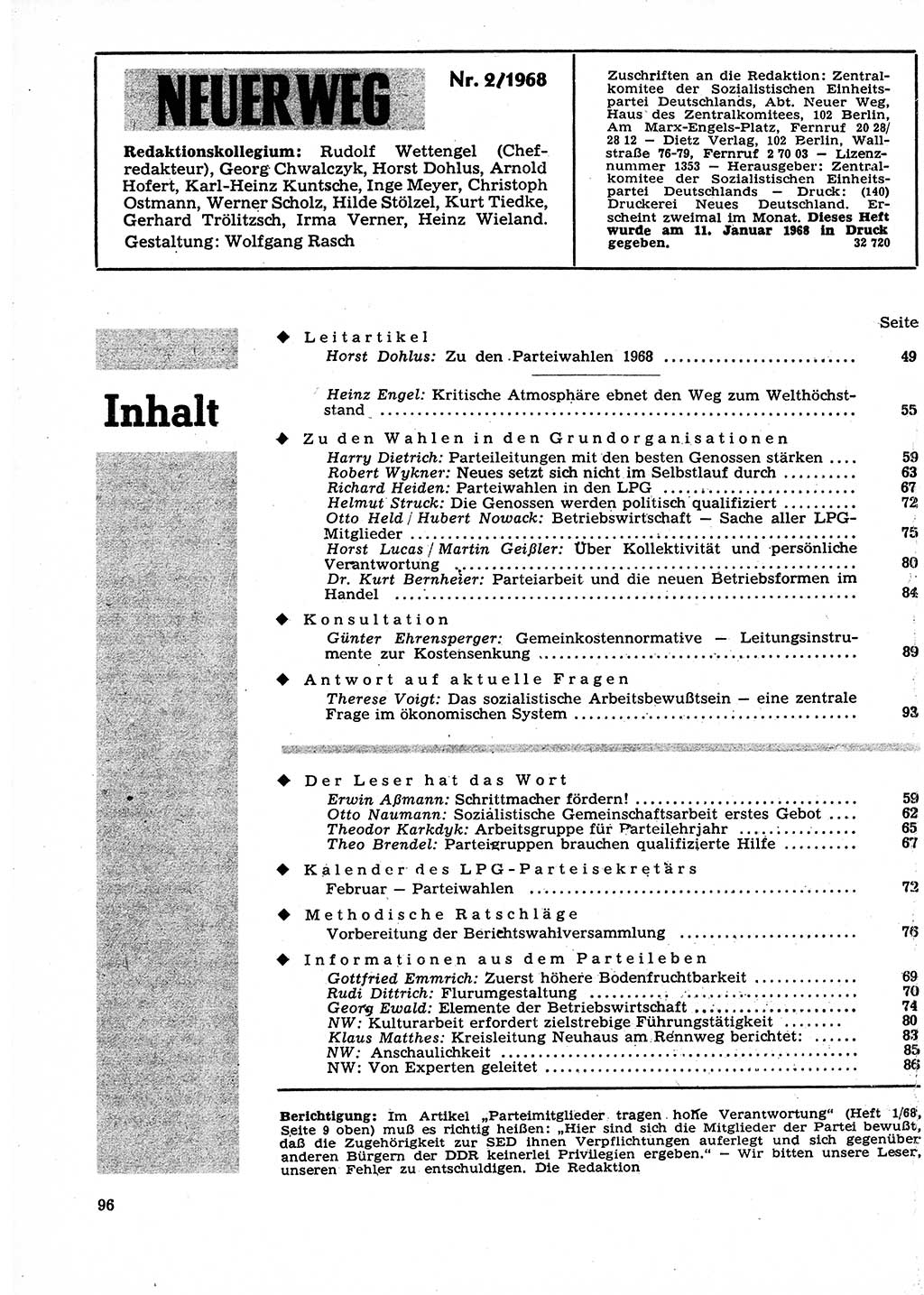 Neuer Weg (NW), Organ des Zentralkomitees (ZK) der SED (Sozialistische Einheitspartei Deutschlands) für Fragen des Parteilebens, 23. Jahrgang [Deutsche Demokratische Republik (DDR)] 1968, Seite 96 (NW ZK SED DDR 1968, S. 96)