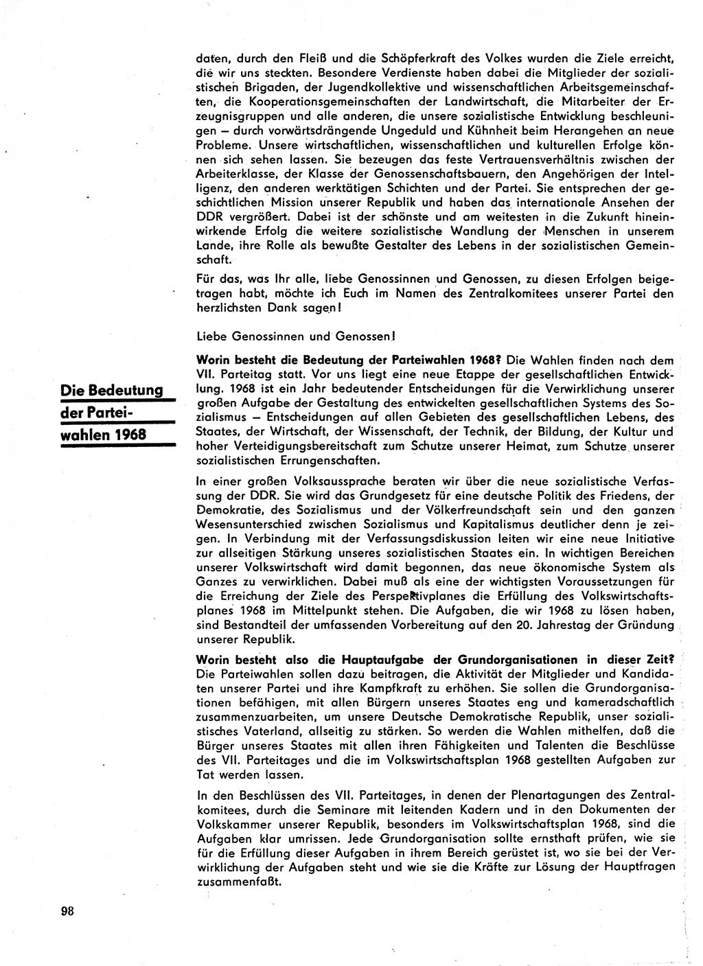 Neuer Weg (NW), Organ des Zentralkomitees (ZK) der SED (Sozialistische Einheitspartei Deutschlands) für Fragen des Parteilebens, 23. Jahrgang [Deutsche Demokratische Republik (DDR)] 1968, Seite 98 (NW ZK SED DDR 1968, S. 98)