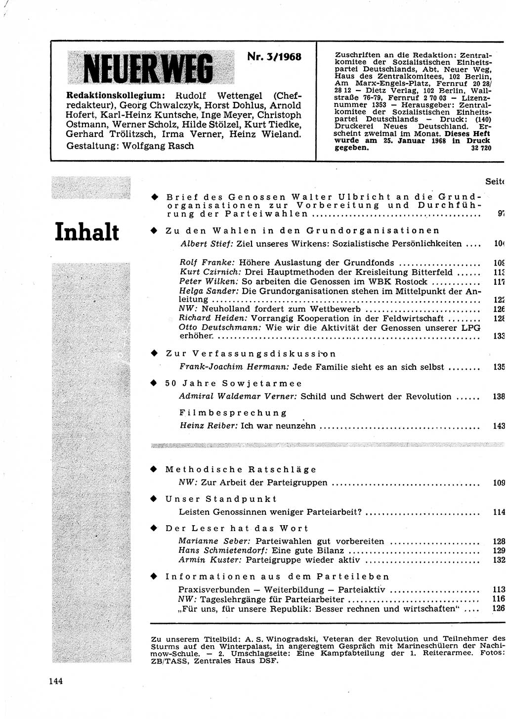 Neuer Weg (NW), Organ des Zentralkomitees (ZK) der SED (Sozialistische Einheitspartei Deutschlands) für Fragen des Parteilebens, 23. Jahrgang [Deutsche Demokratische Republik (DDR)] 1968, Seite 144 (NW ZK SED DDR 1968, S. 144)