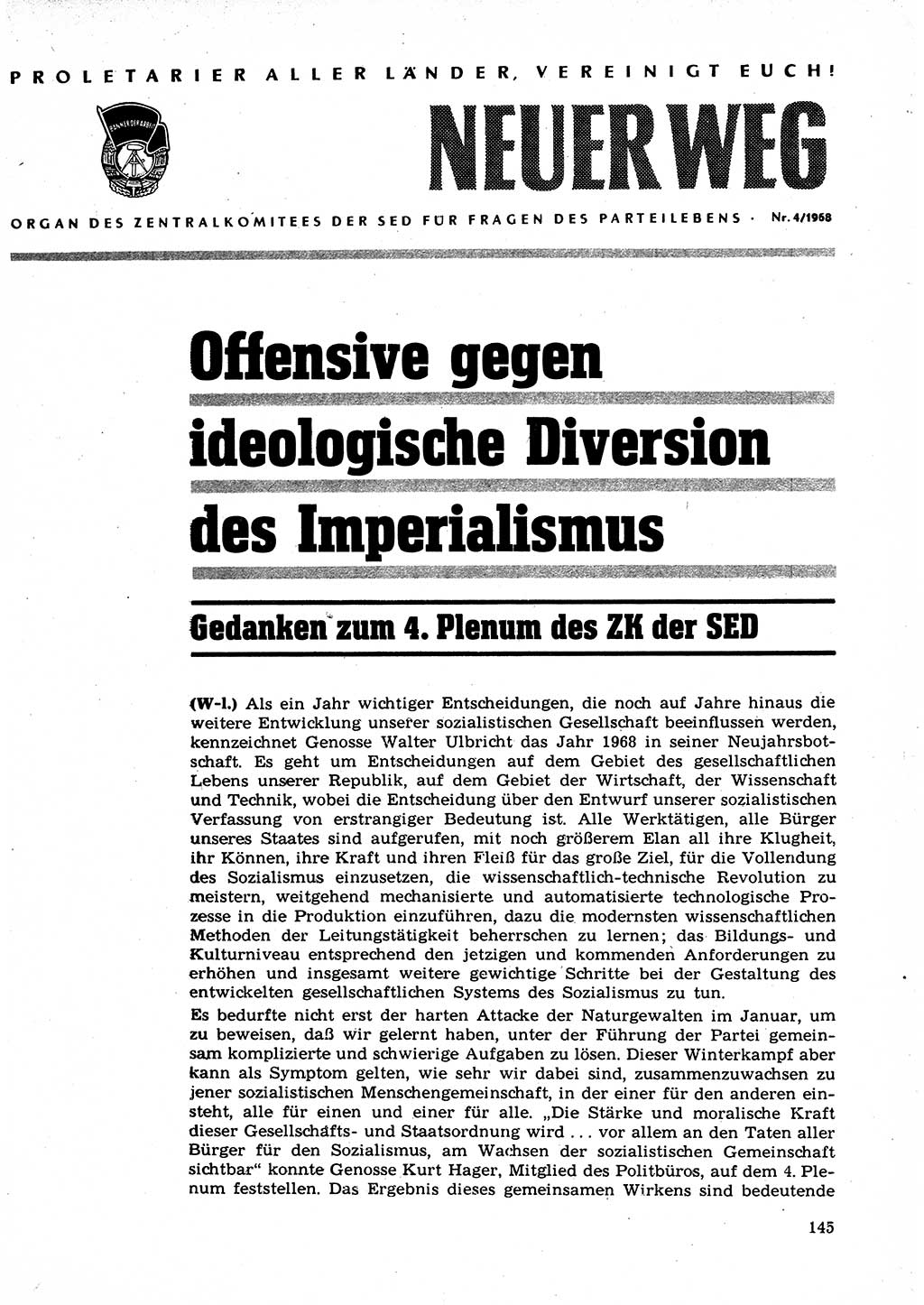 Neuer Weg (NW), Organ des Zentralkomitees (ZK) der SED (Sozialistische Einheitspartei Deutschlands) für Fragen des Parteilebens, 23. Jahrgang [Deutsche Demokratische Republik (DDR)] 1968, Seite 145 (NW ZK SED DDR 1968, S. 145)