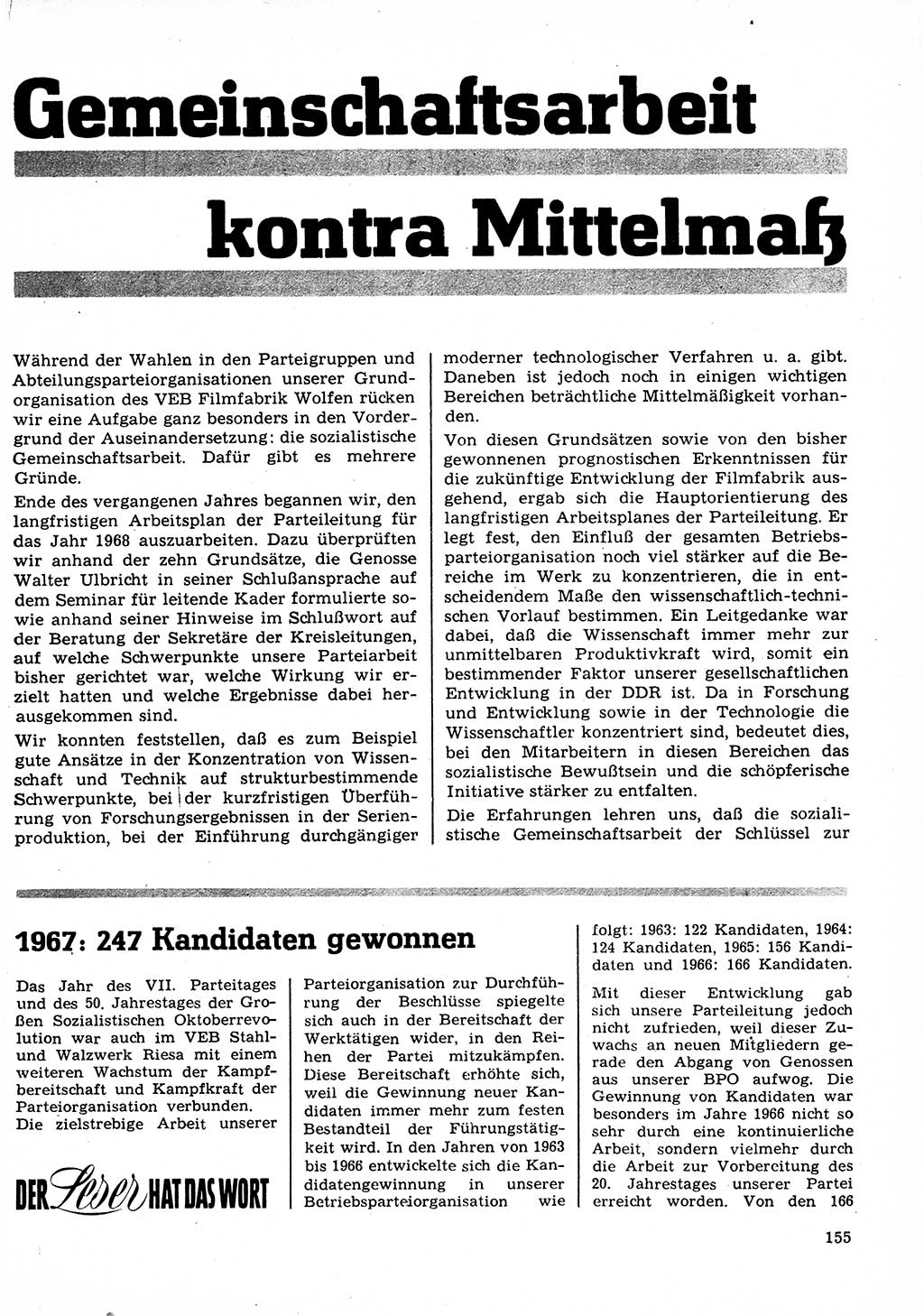 Neuer Weg (NW), Organ des Zentralkomitees (ZK) der SED (Sozialistische Einheitspartei Deutschlands) für Fragen des Parteilebens, 23. Jahrgang [Deutsche Demokratische Republik (DDR)] 1968, Seite 155 (NW ZK SED DDR 1968, S. 155)
