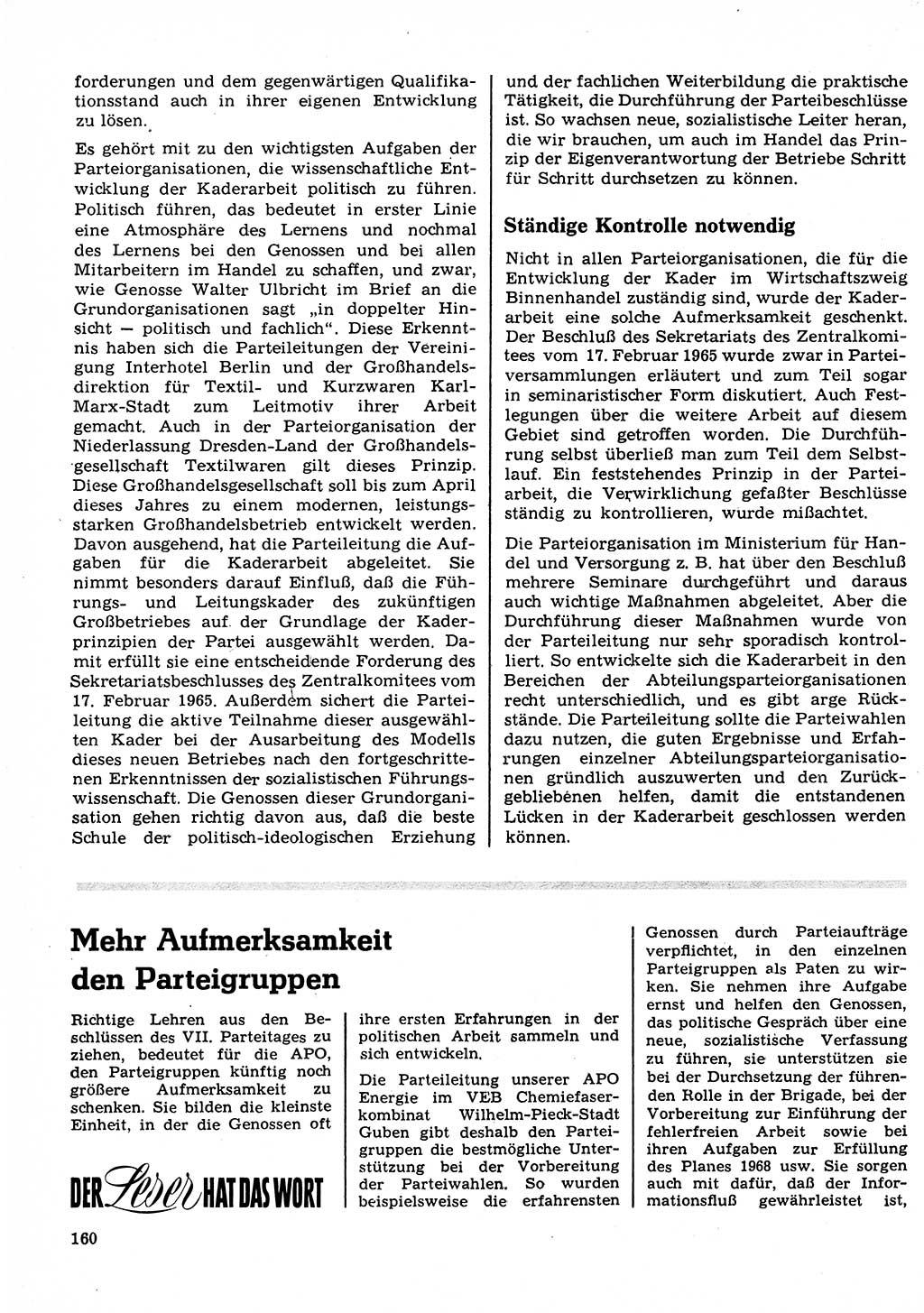 Neuer Weg (NW), Organ des Zentralkomitees (ZK) der SED (Sozialistische Einheitspartei Deutschlands) für Fragen des Parteilebens, 23. Jahrgang [Deutsche Demokratische Republik (DDR)] 1968, Seite 160 (NW ZK SED DDR 1968, S. 160)