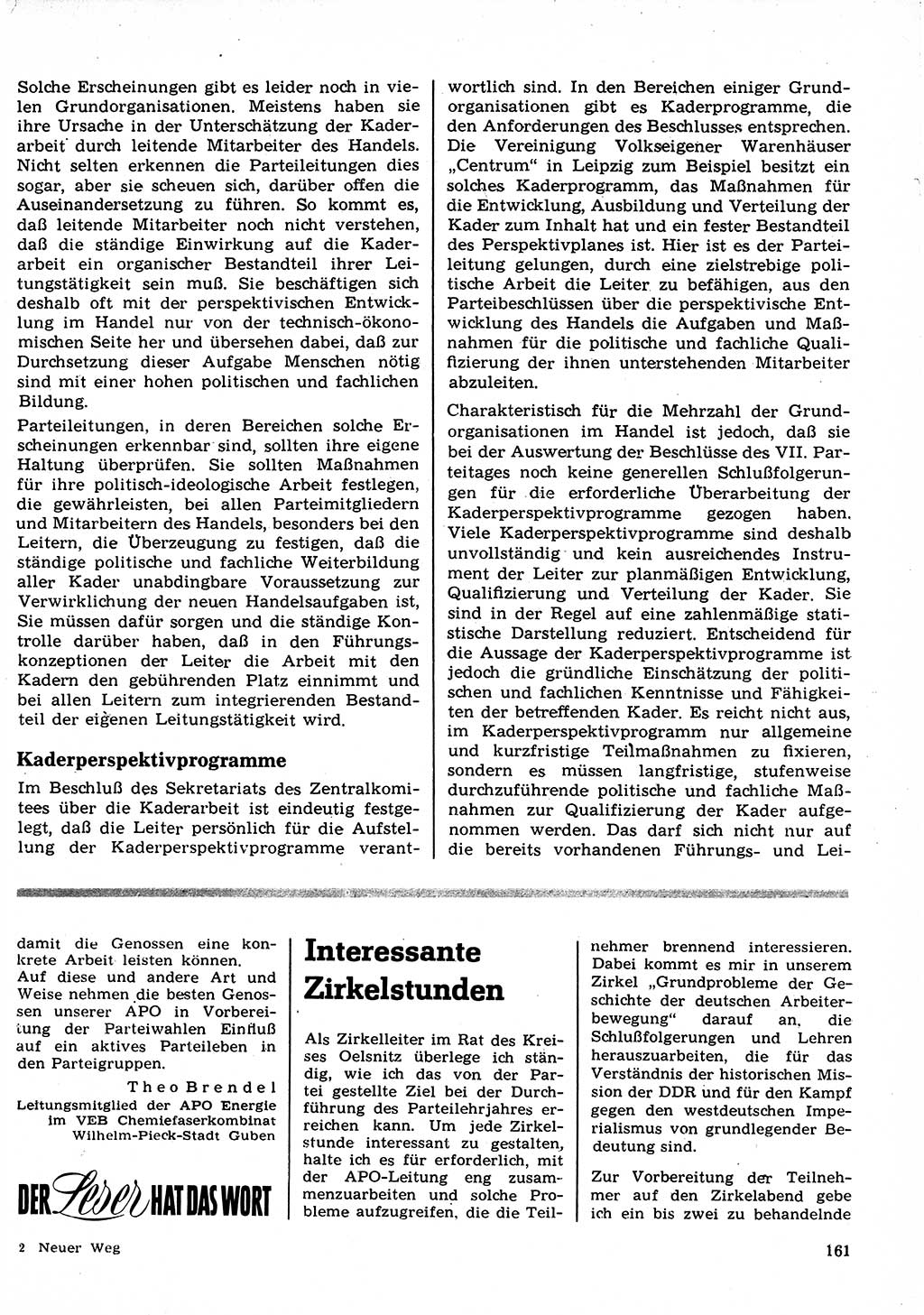 Neuer Weg (NW), Organ des Zentralkomitees (ZK) der SED (Sozialistische Einheitspartei Deutschlands) für Fragen des Parteilebens, 23. Jahrgang [Deutsche Demokratische Republik (DDR)] 1968, Seite 161 (NW ZK SED DDR 1968, S. 161)