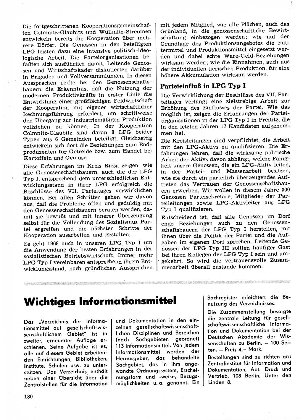 Neuer Weg (NW), Organ des Zentralkomitees (ZK) der SED (Sozialistische Einheitspartei Deutschlands) für Fragen des Parteilebens, 23. Jahrgang [Deutsche Demokratische Republik (DDR)] 1968, Seite 180 (NW ZK SED DDR 1968, S. 180)