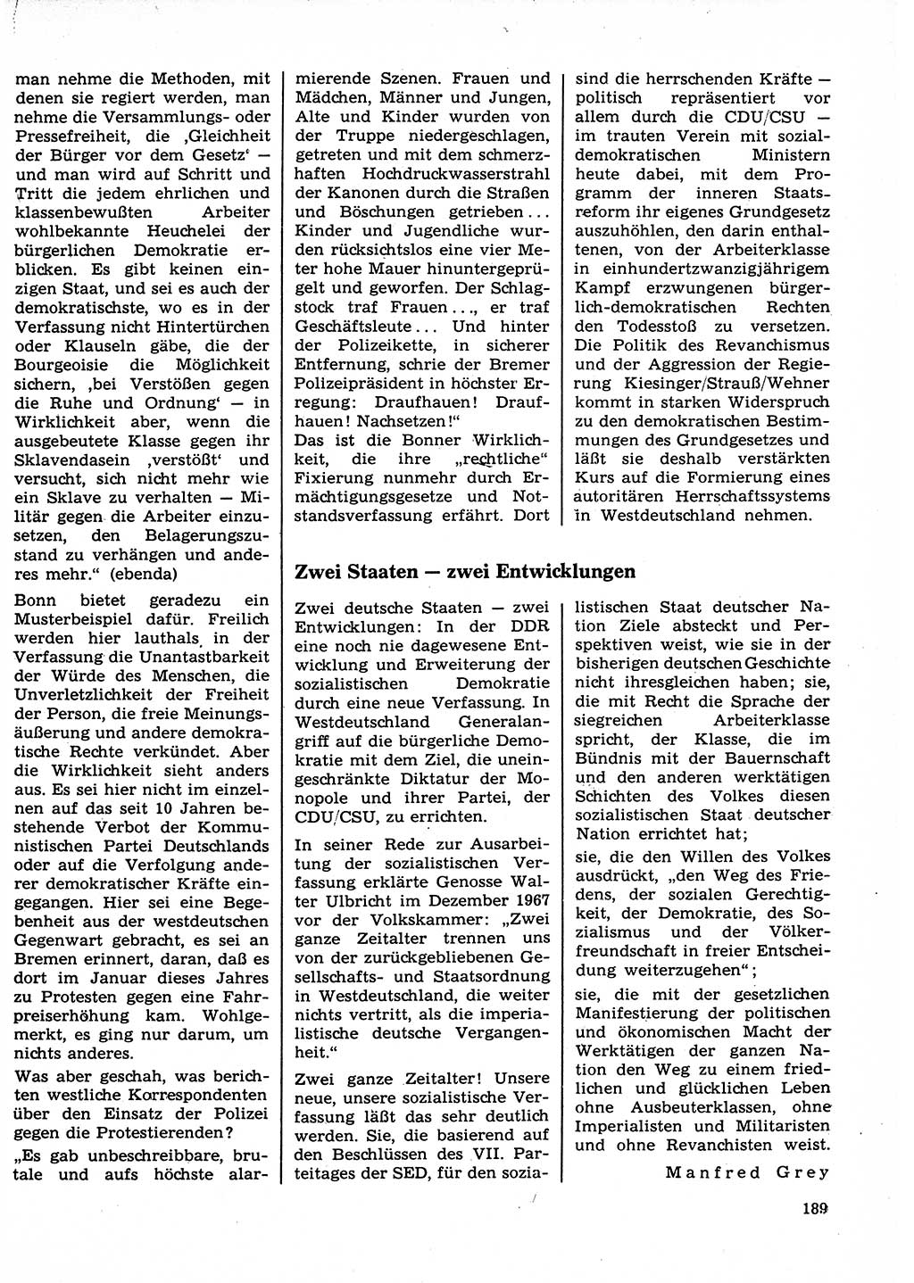 Neuer Weg (NW), Organ des Zentralkomitees (ZK) der SED (Sozialistische Einheitspartei Deutschlands) für Fragen des Parteilebens, 23. Jahrgang [Deutsche Demokratische Republik (DDR)] 1968, Seite 189 (NW ZK SED DDR 1968, S. 189)
