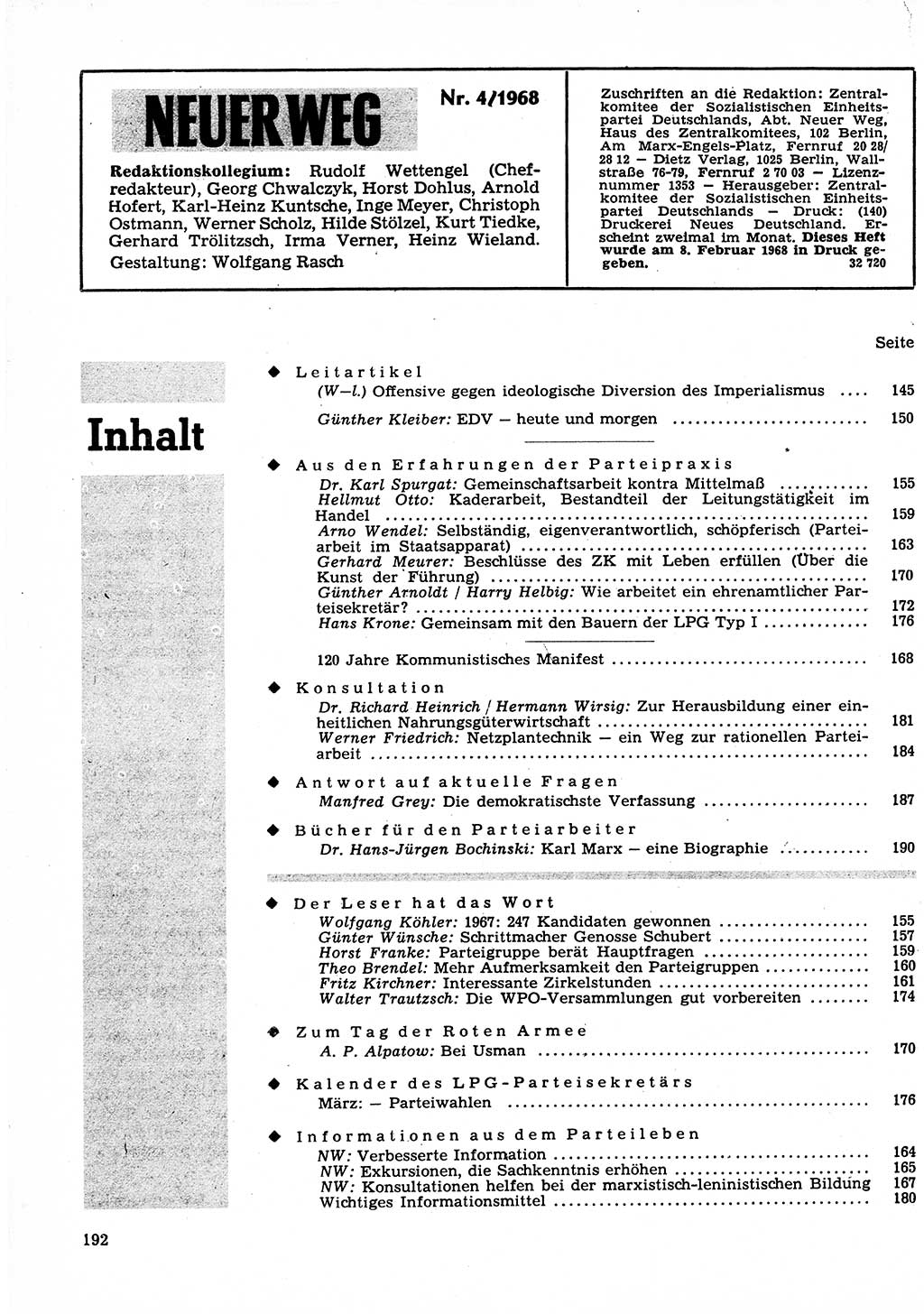 Neuer Weg (NW), Organ des Zentralkomitees (ZK) der SED (Sozialistische Einheitspartei Deutschlands) für Fragen des Parteilebens, 23. Jahrgang [Deutsche Demokratische Republik (DDR)] 1968, Seite 192 (NW ZK SED DDR 1968, S. 192)