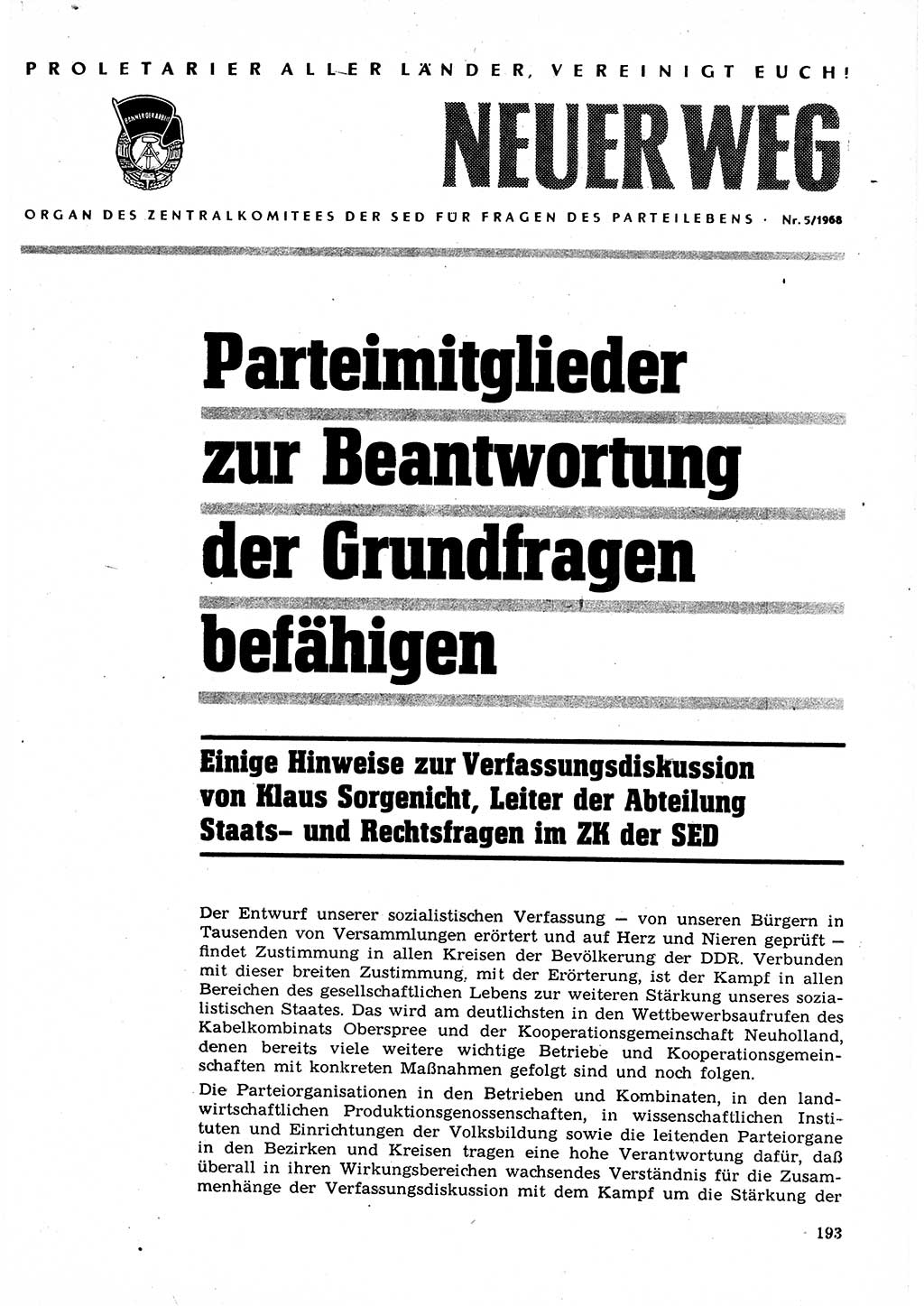 Neuer Weg (NW), Organ des Zentralkomitees (ZK) der SED (Sozialistische Einheitspartei Deutschlands) für Fragen des Parteilebens, 23. Jahrgang [Deutsche Demokratische Republik (DDR)] 1968, Seite 193 (NW ZK SED DDR 1968, S. 193)