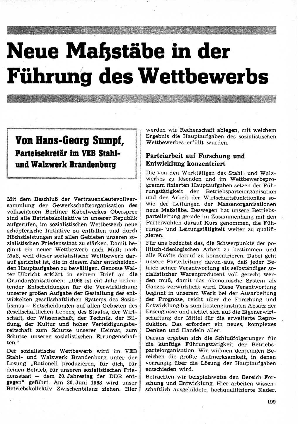 Neuer Weg (NW), Organ des Zentralkomitees (ZK) der SED (Sozialistische Einheitspartei Deutschlands) für Fragen des Parteilebens, 23. Jahrgang [Deutsche Demokratische Republik (DDR)] 1968, Seite 199 (NW ZK SED DDR 1968, S. 199)