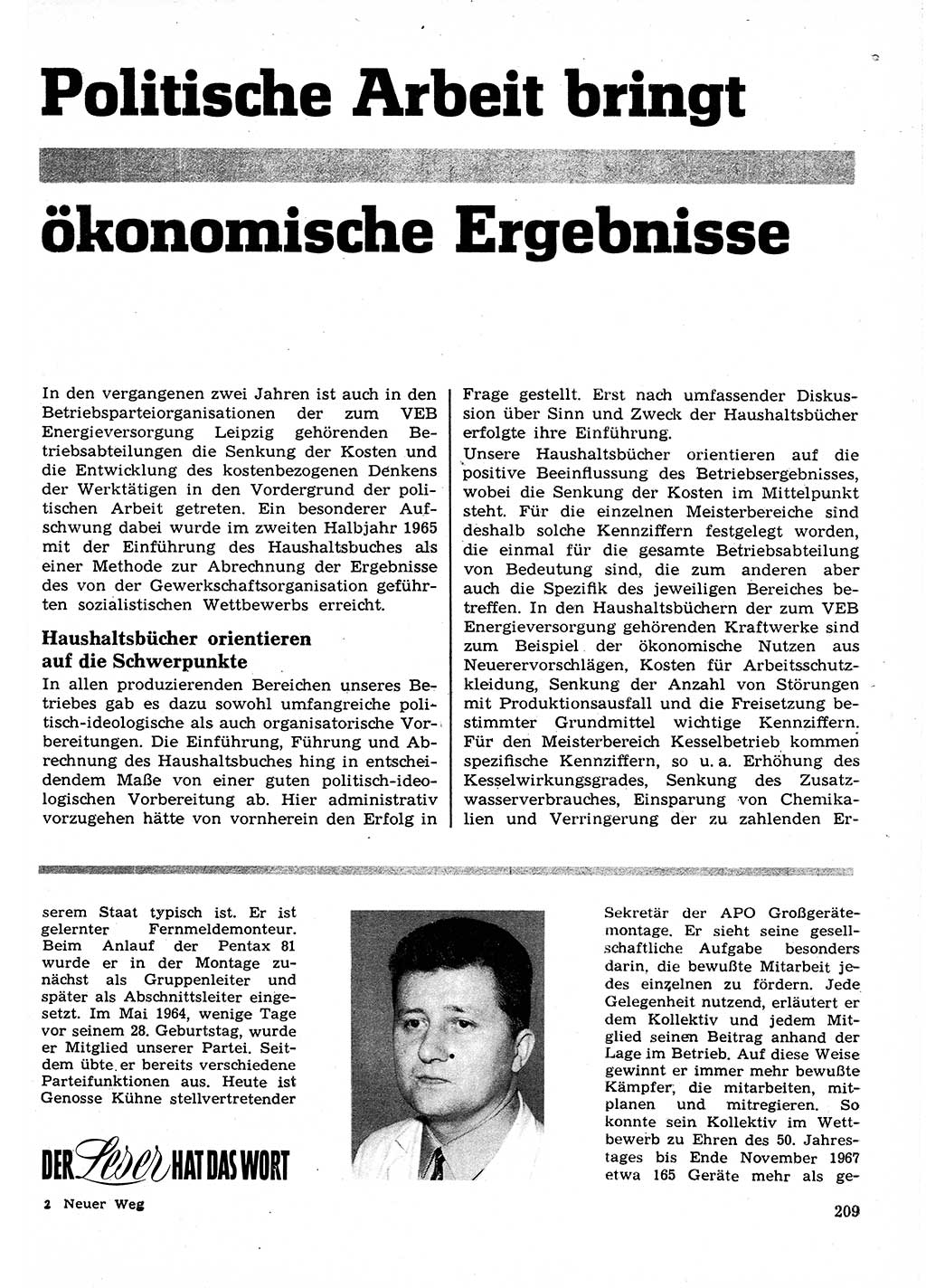 Neuer Weg (NW), Organ des Zentralkomitees (ZK) der SED (Sozialistische Einheitspartei Deutschlands) für Fragen des Parteilebens, 23. Jahrgang [Deutsche Demokratische Republik (DDR)] 1968, Seite 209 (NW ZK SED DDR 1968, S. 209)