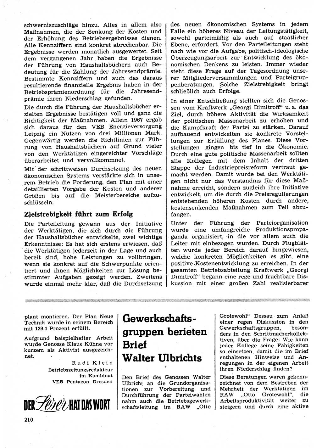 Neuer Weg (NW), Organ des Zentralkomitees (ZK) der SED (Sozialistische Einheitspartei Deutschlands) für Fragen des Parteilebens, 23. Jahrgang [Deutsche Demokratische Republik (DDR)] 1968, Seite 210 (NW ZK SED DDR 1968, S. 210)