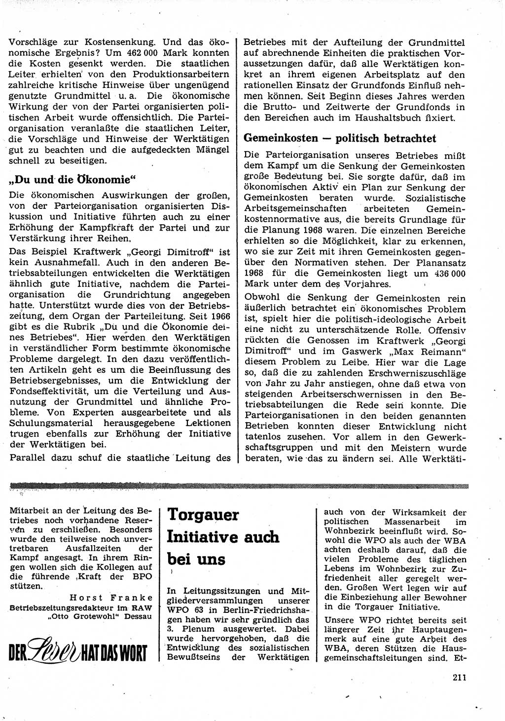 Neuer Weg (NW), Organ des Zentralkomitees (ZK) der SED (Sozialistische Einheitspartei Deutschlands) für Fragen des Parteilebens, 23. Jahrgang [Deutsche Demokratische Republik (DDR)] 1968, Seite 211 (NW ZK SED DDR 1968, S. 211)