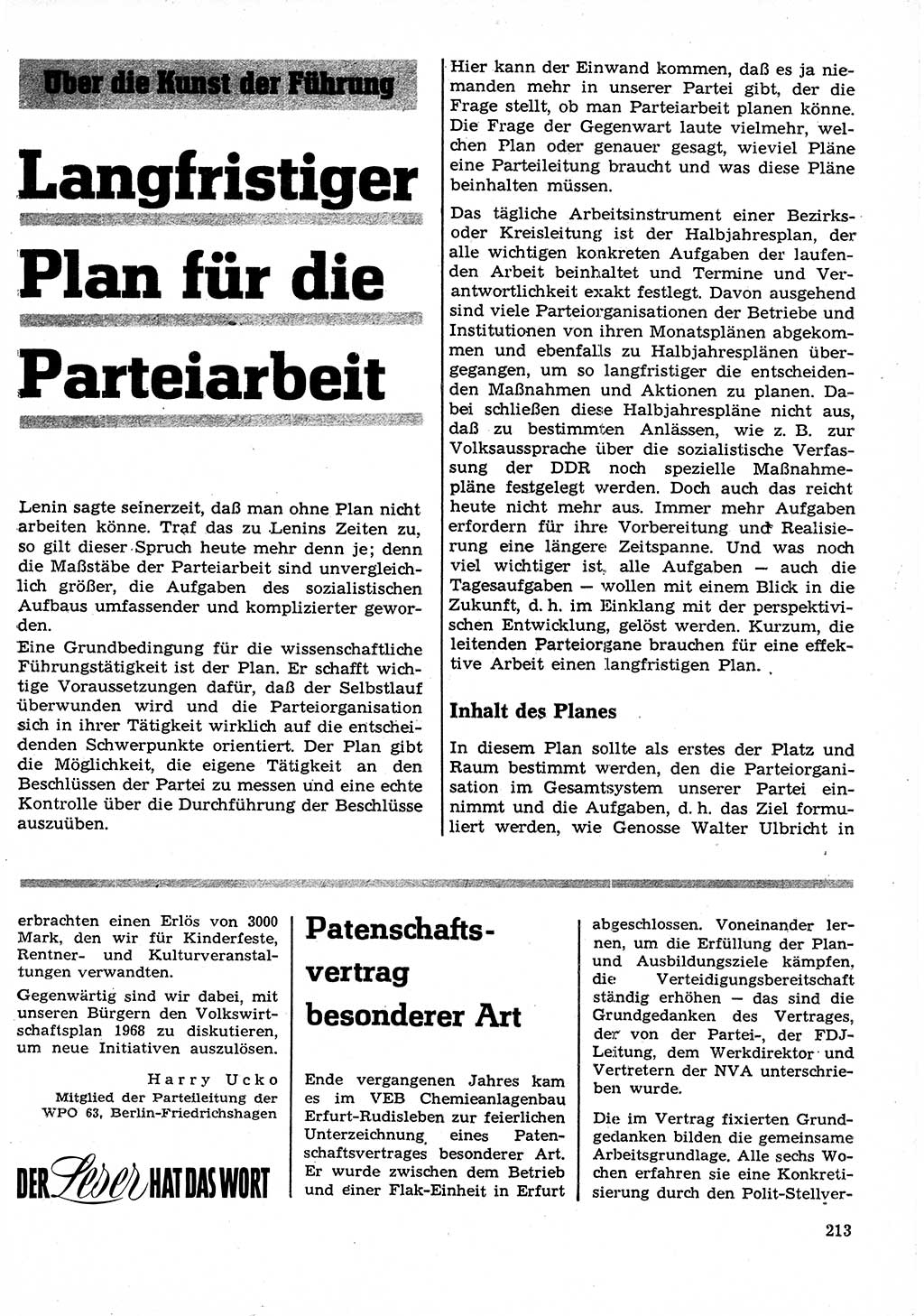 Neuer Weg (NW), Organ des Zentralkomitees (ZK) der SED (Sozialistische Einheitspartei Deutschlands) für Fragen des Parteilebens, 23. Jahrgang [Deutsche Demokratische Republik (DDR)] 1968, Seite 213 (NW ZK SED DDR 1968, S. 213)