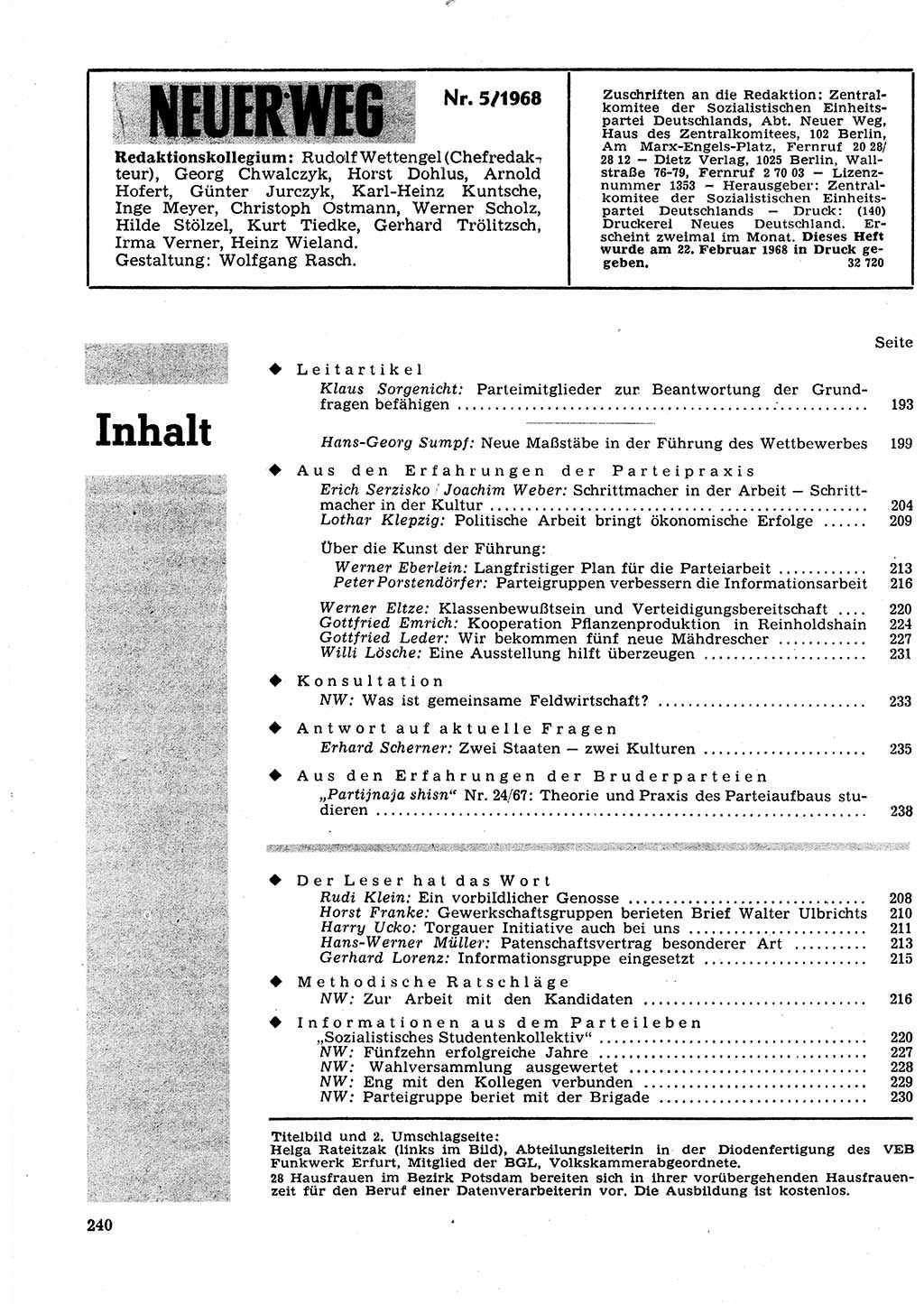 Neuer Weg (NW), Organ des Zentralkomitees (ZK) der SED (Sozialistische Einheitspartei Deutschlands) für Fragen des Parteilebens, 23. Jahrgang [Deutsche Demokratische Republik (DDR)] 1968, Seite 240 (NW ZK SED DDR 1968, S. 240)