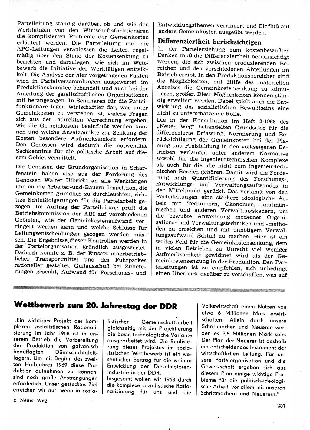 Neuer Weg (NW), Organ des Zentralkomitees (ZK) der SED (Sozialistische Einheitspartei Deutschlands) für Fragen des Parteilebens, 23. Jahrgang [Deutsche Demokratische Republik (DDR)] 1968, Seite 257 (NW ZK SED DDR 1968, S. 257)