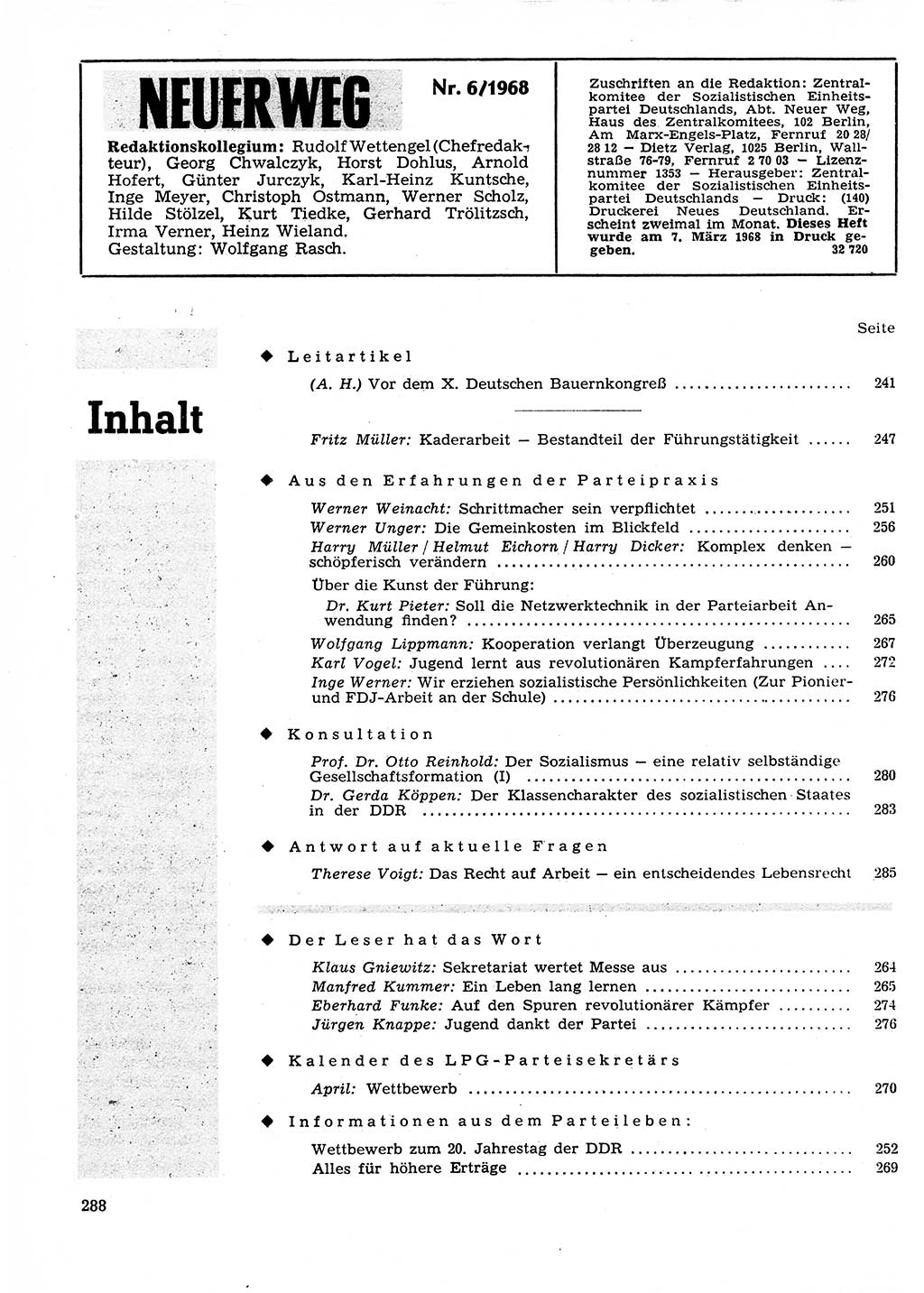 Neuer Weg (NW), Organ des Zentralkomitees (ZK) der SED (Sozialistische Einheitspartei Deutschlands) für Fragen des Parteilebens, 23. Jahrgang [Deutsche Demokratische Republik (DDR)] 1968, Seite 288 (NW ZK SED DDR 1968, S. 288)