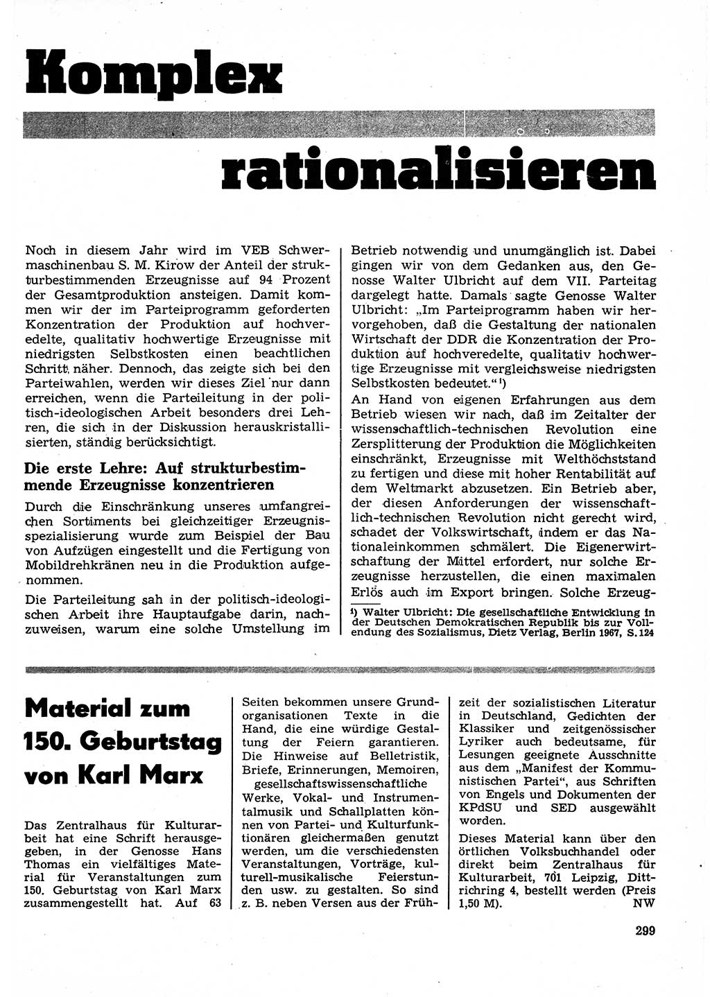 Neuer Weg (NW), Organ des Zentralkomitees (ZK) der SED (Sozialistische Einheitspartei Deutschlands) für Fragen des Parteilebens, 23. Jahrgang [Deutsche Demokratische Republik (DDR)] 1968, Seite 299 (NW ZK SED DDR 1968, S. 299)