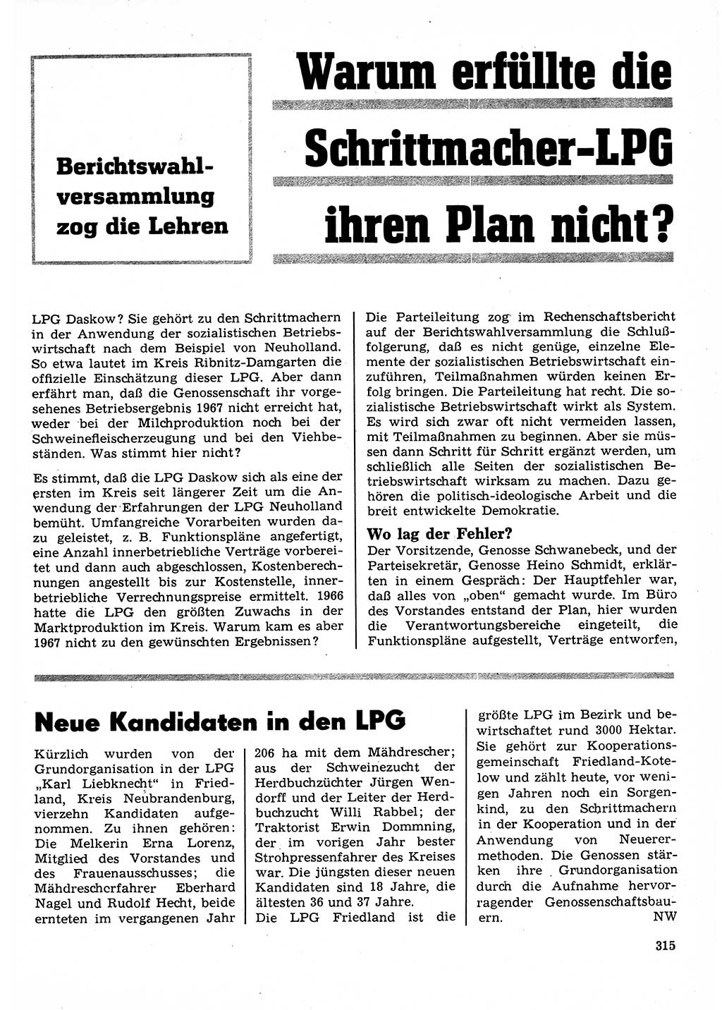 Neuer Weg (NW), Organ des Zentralkomitees (ZK) der SED (Sozialistische Einheitspartei Deutschlands) für Fragen des Parteilebens, 23. Jahrgang [Deutsche Demokratische Republik (DDR)] 1968, Seite 315 (NW ZK SED DDR 1968, S. 315)