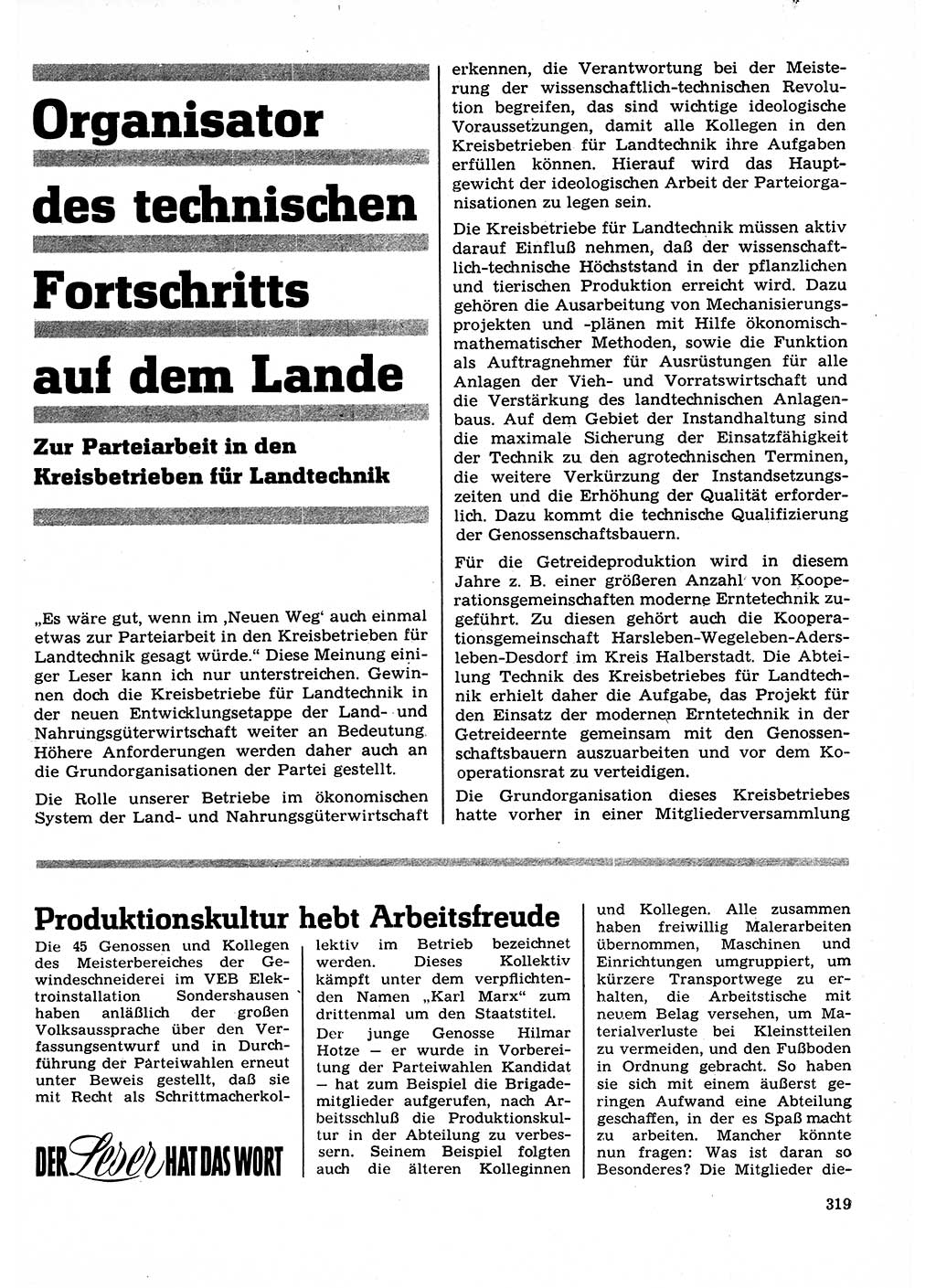 Neuer Weg (NW), Organ des Zentralkomitees (ZK) der SED (Sozialistische Einheitspartei Deutschlands) für Fragen des Parteilebens, 23. Jahrgang [Deutsche Demokratische Republik (DDR)] 1968, Seite 319 (NW ZK SED DDR 1968, S. 319)