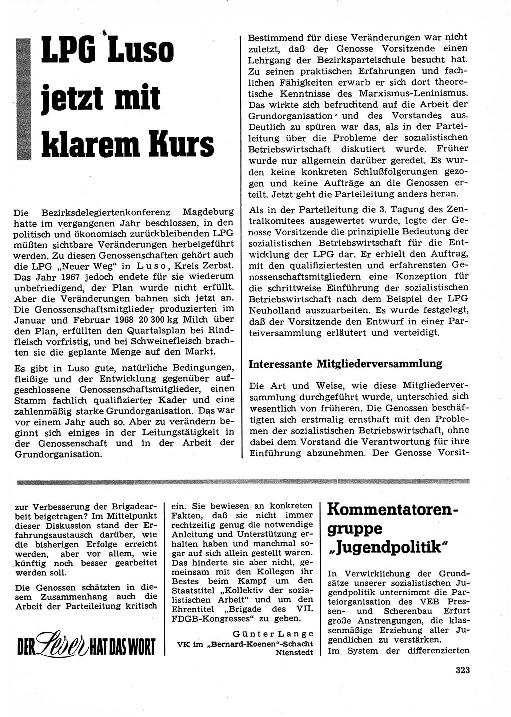 Neuer Weg (NW), Organ des Zentralkomitees (ZK) der SED (Sozialistische Einheitspartei Deutschlands) für Fragen des Parteilebens, 23. Jahrgang [Deutsche Demokratische Republik (DDR)] 1968, Seite 323 (NW ZK SED DDR 1968, S. 323)