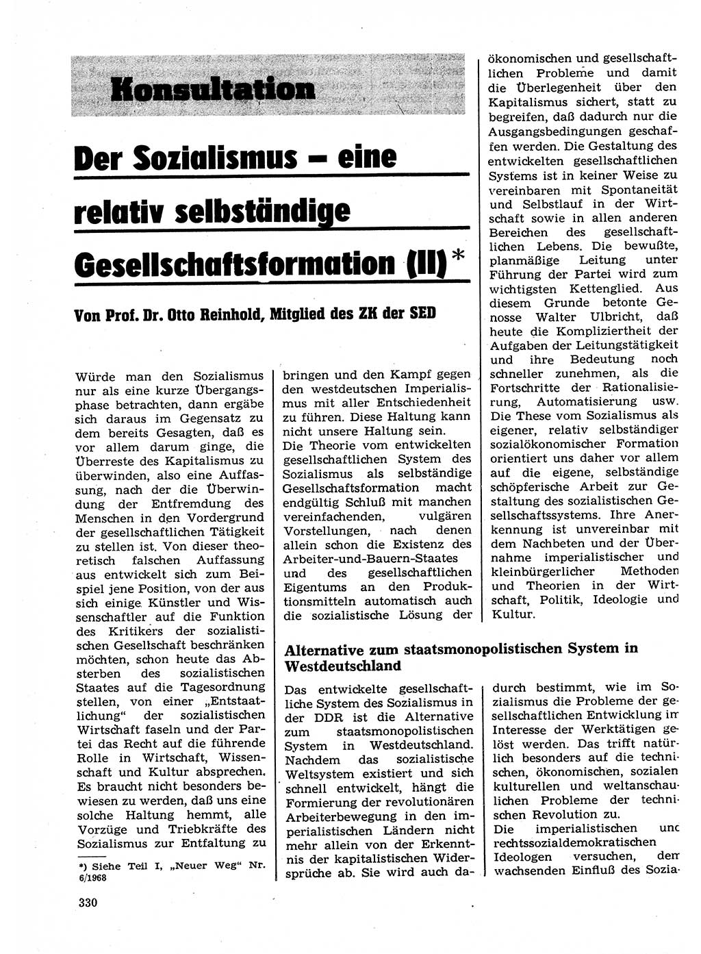 Neuer Weg (NW), Organ des Zentralkomitees (ZK) der SED (Sozialistische Einheitspartei Deutschlands) für Fragen des Parteilebens, 23. Jahrgang [Deutsche Demokratische Republik (DDR)] 1968, Seite 330 (NW ZK SED DDR 1968, S. 330)