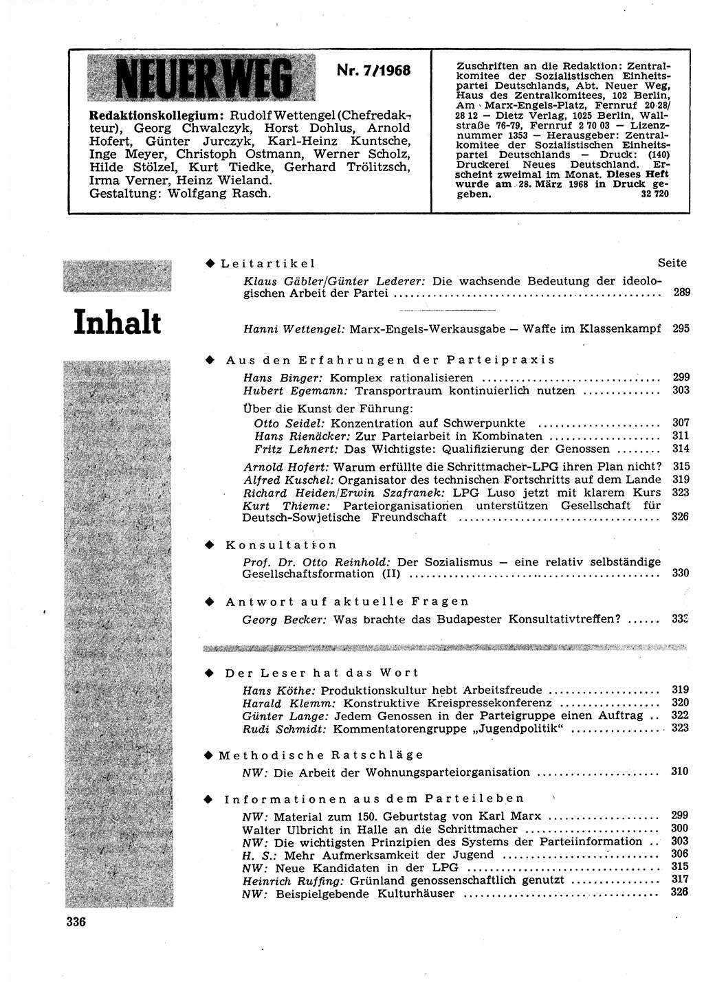 Neuer Weg (NW), Organ des Zentralkomitees (ZK) der SED (Sozialistische Einheitspartei Deutschlands) für Fragen des Parteilebens, 23. Jahrgang [Deutsche Demokratische Republik (DDR)] 1968, Seite 336 (NW ZK SED DDR 1968, S. 336)