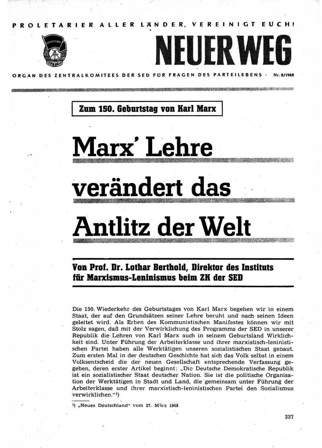 Neuer Weg (NW), Organ des Zentralkomitees (ZK) der SED (Sozialistische Einheitspartei Deutschlands) für Fragen des Parteilebens, 23. Jahrgang [Deutsche Demokratische Republik (DDR)] 1968, Seite 337 (NW ZK SED DDR 1968, S. 337)