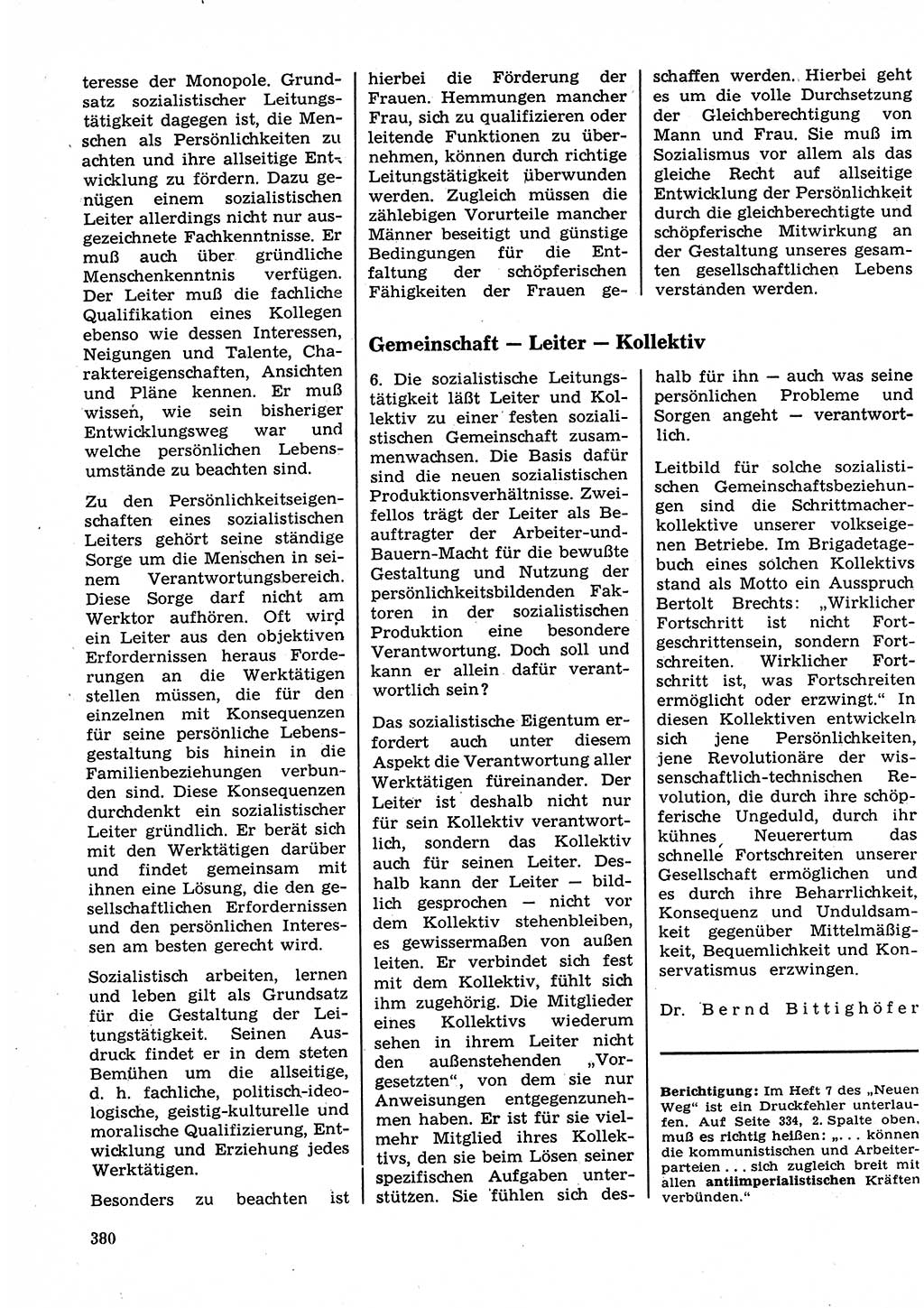 Neuer Weg (NW), Organ des Zentralkomitees (ZK) der SED (Sozialistische Einheitspartei Deutschlands) für Fragen des Parteilebens, 23. Jahrgang [Deutsche Demokratische Republik (DDR)] 1968, Seite 380 (NW ZK SED DDR 1968, S. 380)