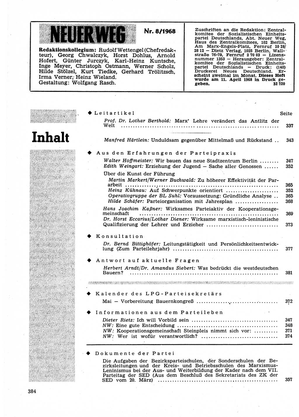 Neuer Weg (NW), Organ des Zentralkomitees (ZK) der SED (Sozialistische Einheitspartei Deutschlands) für Fragen des Parteilebens, 23. Jahrgang [Deutsche Demokratische Republik (DDR)] 1968, Seite 384 (NW ZK SED DDR 1968, S. 384)