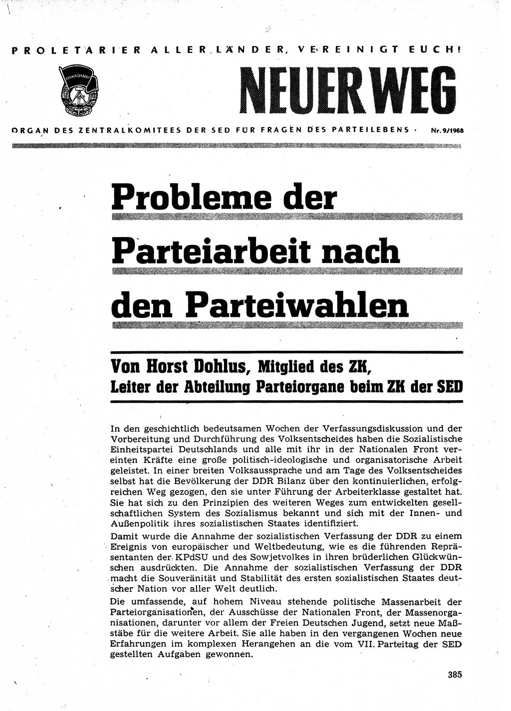 Neuer Weg (NW), Organ des Zentralkomitees (ZK) der SED (Sozialistische Einheitspartei Deutschlands) für Fragen des Parteilebens, 23. Jahrgang [Deutsche Demokratische Republik (DDR)] 1968, Seite 385 (NW ZK SED DDR 1968, S. 385)