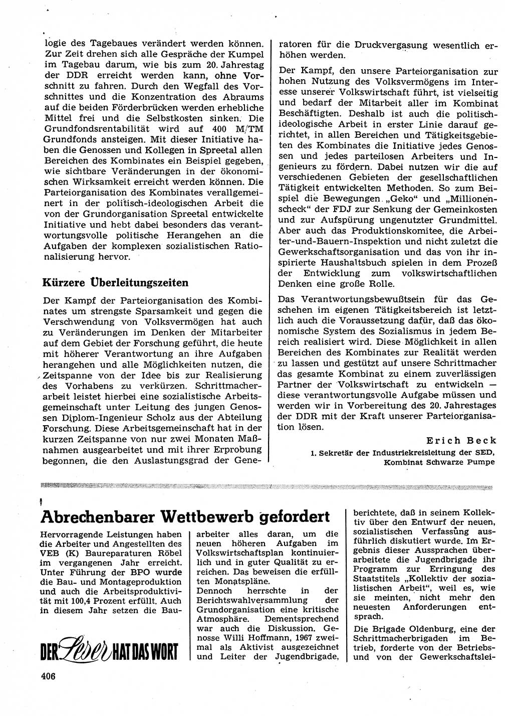 Neuer Weg (NW), Organ des Zentralkomitees (ZK) der SED (Sozialistische Einheitspartei Deutschlands) für Fragen des Parteilebens, 23. Jahrgang [Deutsche Demokratische Republik (DDR)] 1968, Seite 406 (NW ZK SED DDR 1968, S. 406)