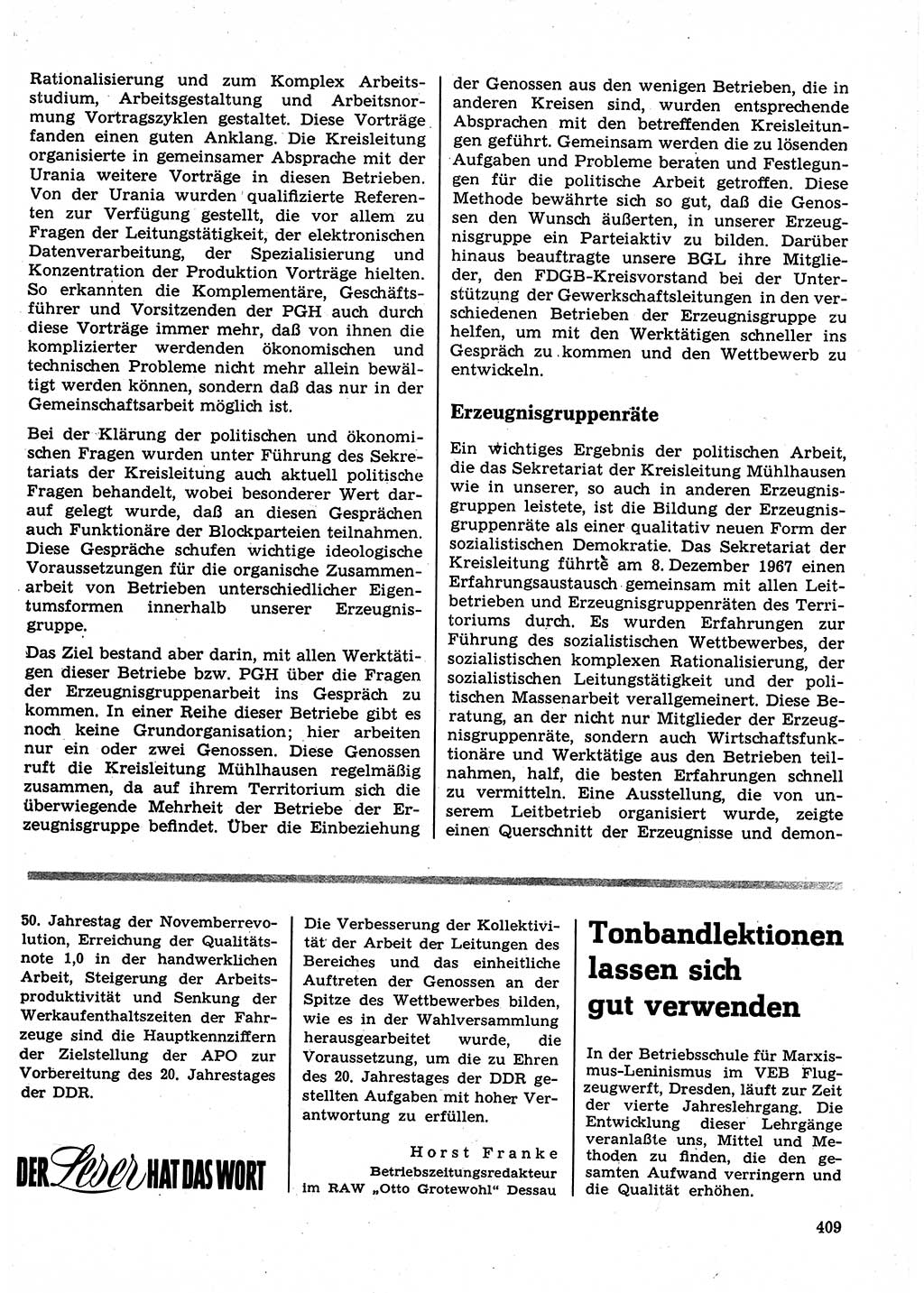 Neuer Weg (NW), Organ des Zentralkomitees (ZK) der SED (Sozialistische Einheitspartei Deutschlands) für Fragen des Parteilebens, 23. Jahrgang [Deutsche Demokratische Republik (DDR)] 1968, Seite 409 (NW ZK SED DDR 1968, S. 409)