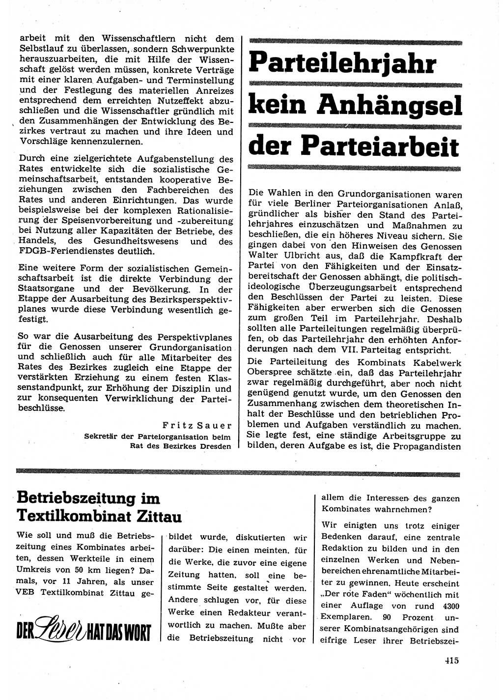 Neuer Weg (NW), Organ des Zentralkomitees (ZK) der SED (Sozialistische Einheitspartei Deutschlands) für Fragen des Parteilebens, 23. Jahrgang [Deutsche Demokratische Republik (DDR)] 1968, Seite 415 (NW ZK SED DDR 1968, S. 415)