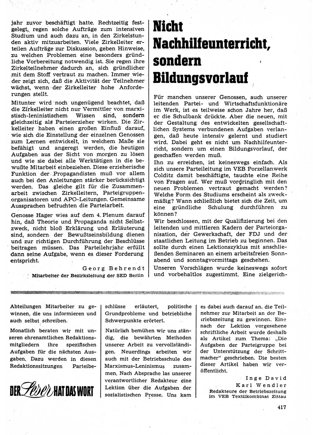 Neuer Weg (NW), Organ des Zentralkomitees (ZK) der SED (Sozialistische Einheitspartei Deutschlands) für Fragen des Parteilebens, 23. Jahrgang [Deutsche Demokratische Republik (DDR)] 1968, Seite 417 (NW ZK SED DDR 1968, S. 417)