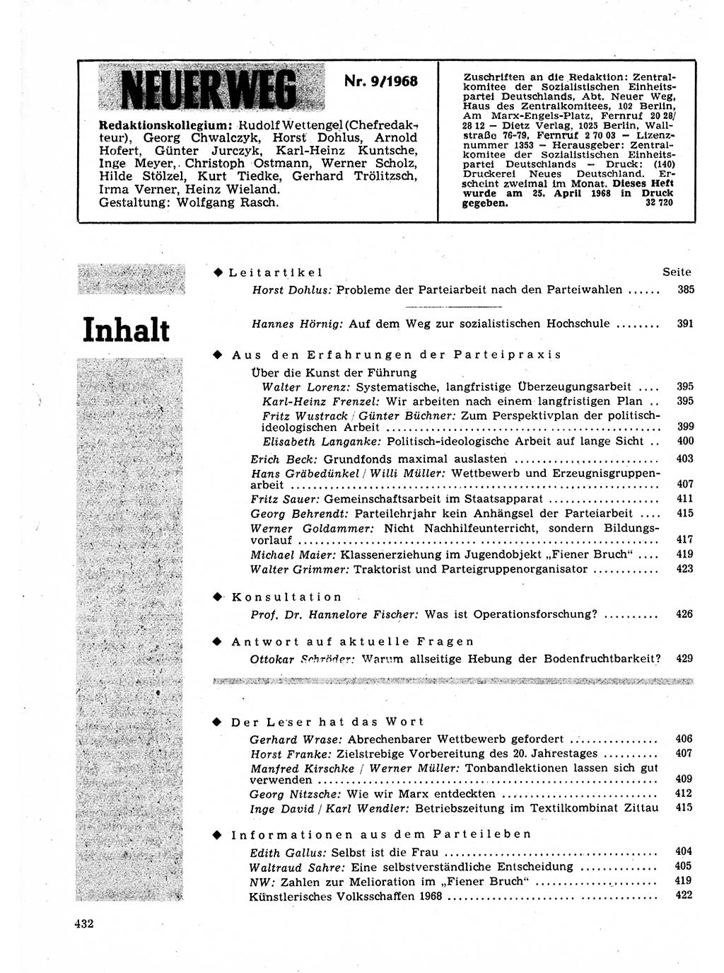 Neuer Weg (NW), Organ des Zentralkomitees (ZK) der SED (Sozialistische Einheitspartei Deutschlands) für Fragen des Parteilebens, 23. Jahrgang [Deutsche Demokratische Republik (DDR)] 1968, Seite 432 (NW ZK SED DDR 1968, S. 432)