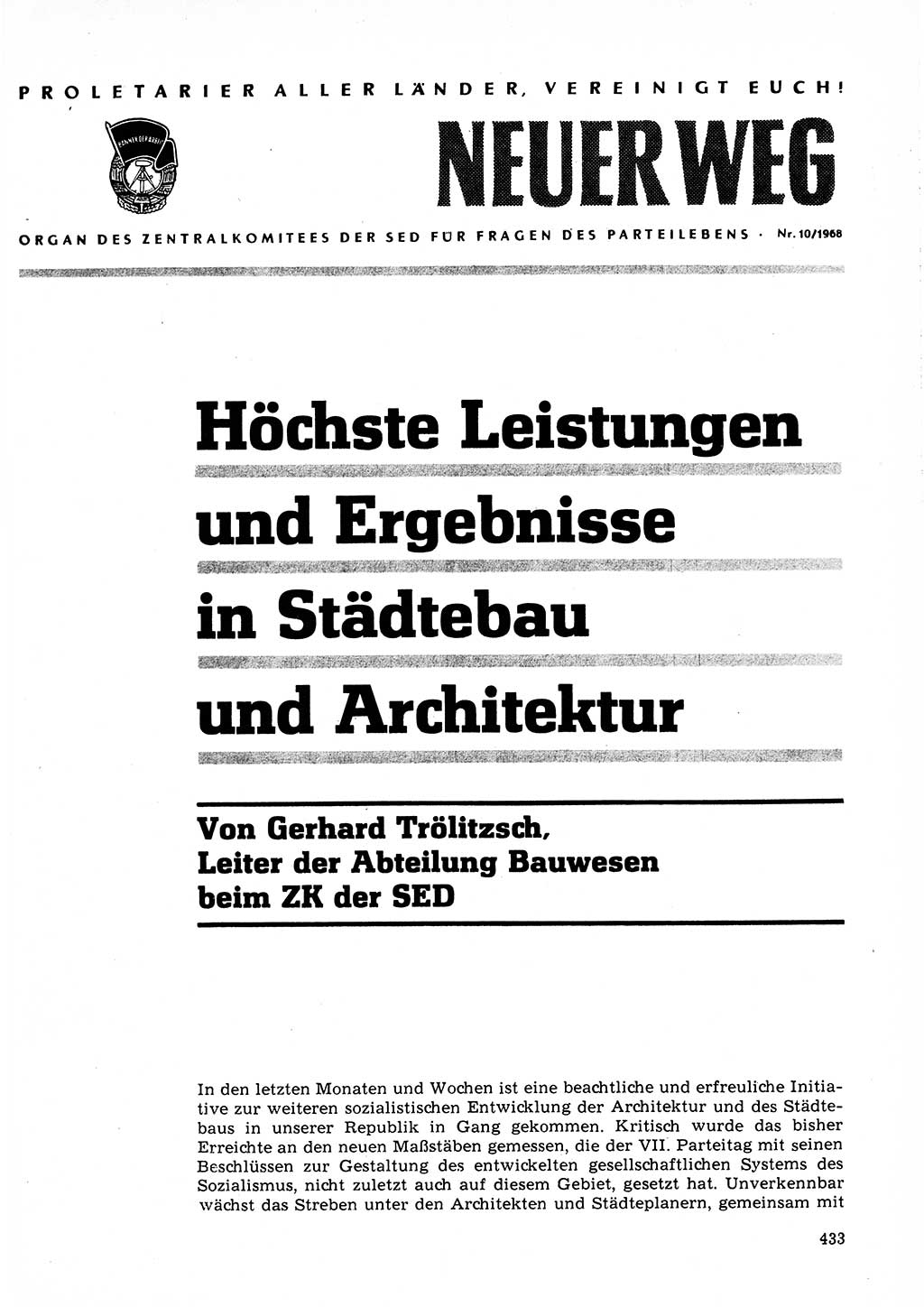 Neuer Weg (NW), Organ des Zentralkomitees (ZK) der SED (Sozialistische Einheitspartei Deutschlands) für Fragen des Parteilebens, 23. Jahrgang [Deutsche Demokratische Republik (DDR)] 1968, Seite 433 (NW ZK SED DDR 1968, S. 433)