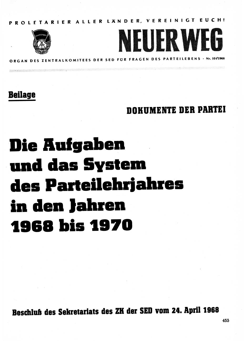 Neuer Weg (NW), Organ des Zentralkomitees (ZK) der SED (Sozialistische Einheitspartei Deutschlands) für Fragen des Parteilebens, 23. Jahrgang [Deutsche Demokratische Republik (DDR)] 1968, Seite 455 (NW ZK SED DDR 1968, S. 455)