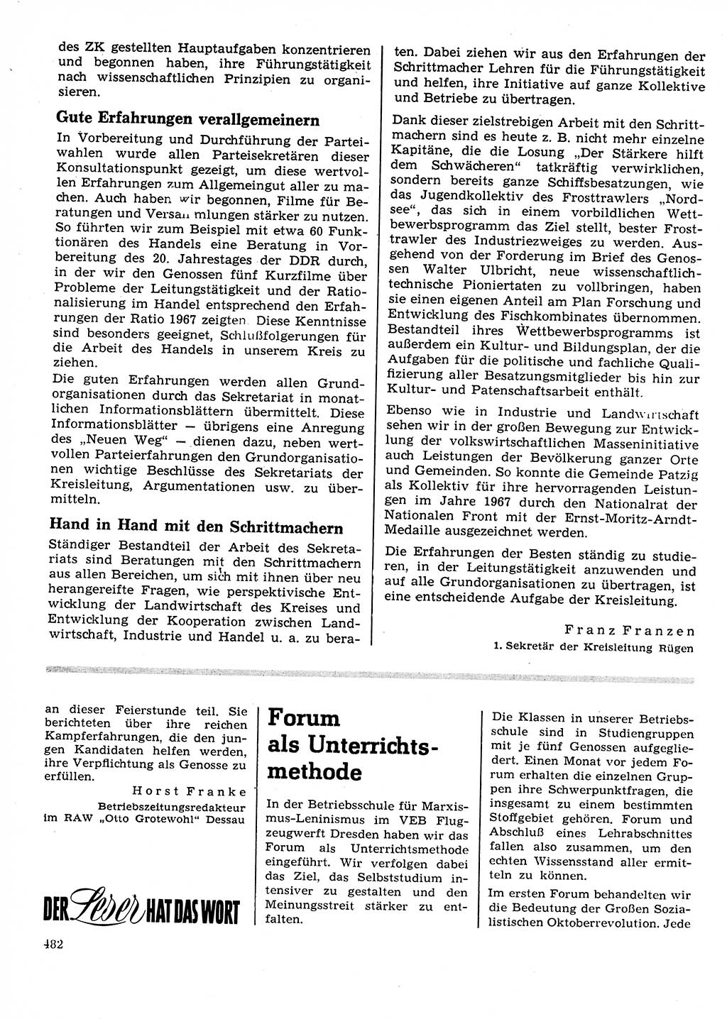 Neuer Weg (NW), Organ des Zentralkomitees (ZK) der SED (Sozialistische Einheitspartei Deutschlands) für Fragen des Parteilebens, 23. Jahrgang [Deutsche Demokratische Republik (DDR)] 1968, Seite 482 (NW ZK SED DDR 1968, S. 482)