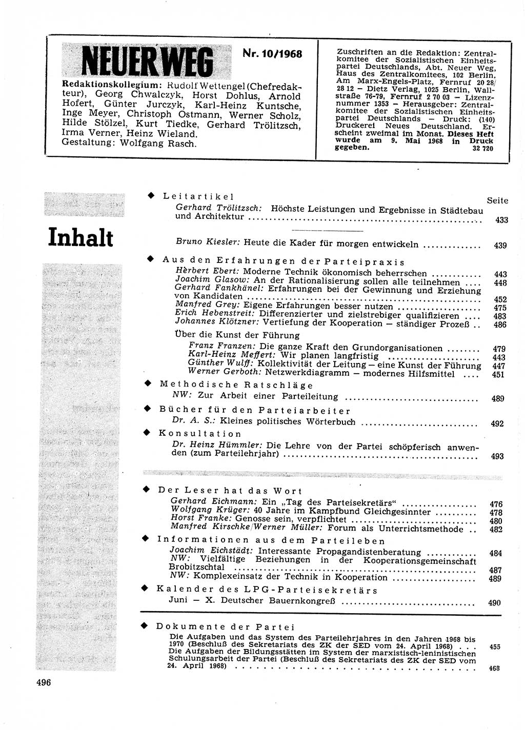 Neuer Weg (NW), Organ des Zentralkomitees (ZK) der SED (Sozialistische Einheitspartei Deutschlands) für Fragen des Parteilebens, 23. Jahrgang [Deutsche Demokratische Republik (DDR)] 1968, Seite 496 (NW ZK SED DDR 1968, S. 496)