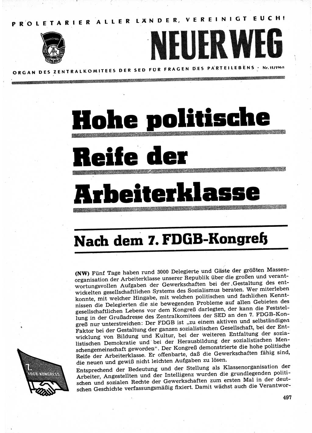 Neuer Weg (NW), Organ des Zentralkomitees (ZK) der SED (Sozialistische Einheitspartei Deutschlands) für Fragen des Parteilebens, 23. Jahrgang [Deutsche Demokratische Republik (DDR)] 1968, Seite 497 (NW ZK SED DDR 1968, S. 497)