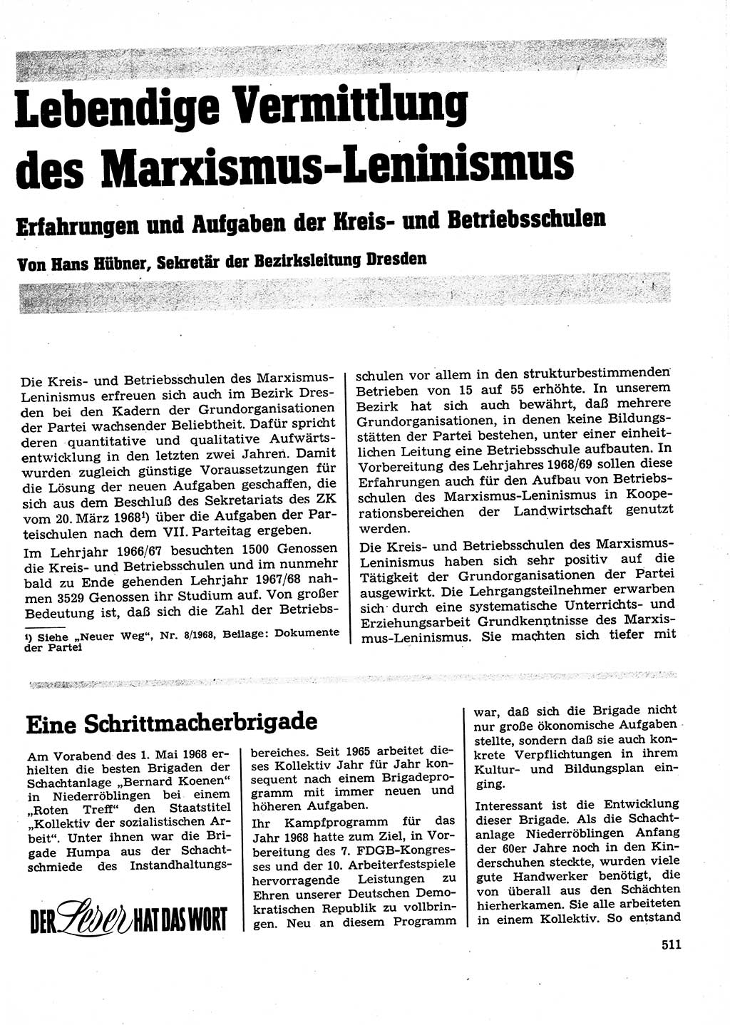 Neuer Weg (NW), Organ des Zentralkomitees (ZK) der SED (Sozialistische Einheitspartei Deutschlands) für Fragen des Parteilebens, 23. Jahrgang [Deutsche Demokratische Republik (DDR)] 1968, Seite 511 (NW ZK SED DDR 1968, S. 511)