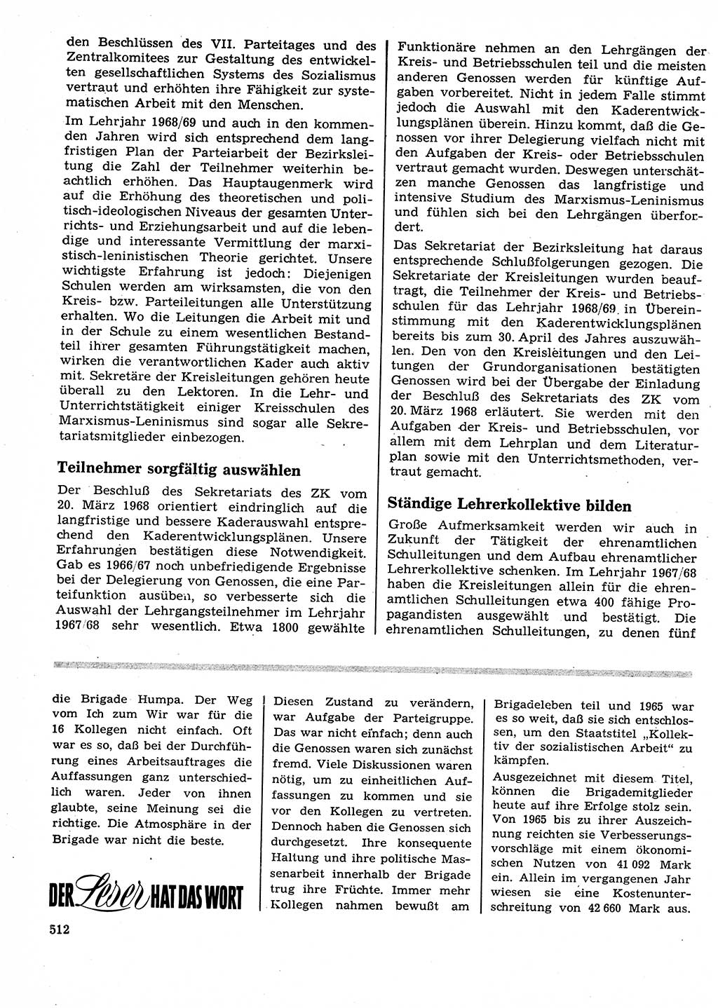 Neuer Weg (NW), Organ des Zentralkomitees (ZK) der SED (Sozialistische Einheitspartei Deutschlands) für Fragen des Parteilebens, 23. Jahrgang [Deutsche Demokratische Republik (DDR)] 1968, Seite 512 (NW ZK SED DDR 1968, S. 512)