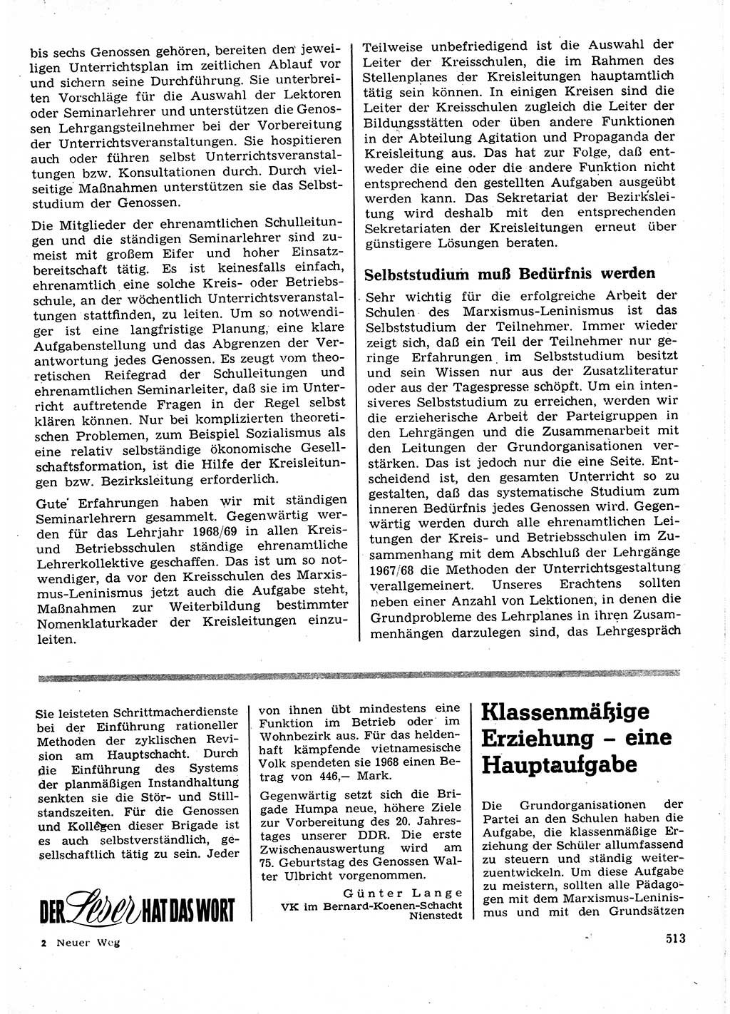 Neuer Weg (NW), Organ des Zentralkomitees (ZK) der SED (Sozialistische Einheitspartei Deutschlands) für Fragen des Parteilebens, 23. Jahrgang [Deutsche Demokratische Republik (DDR)] 1968, Seite 513 (NW ZK SED DDR 1968, S. 513)