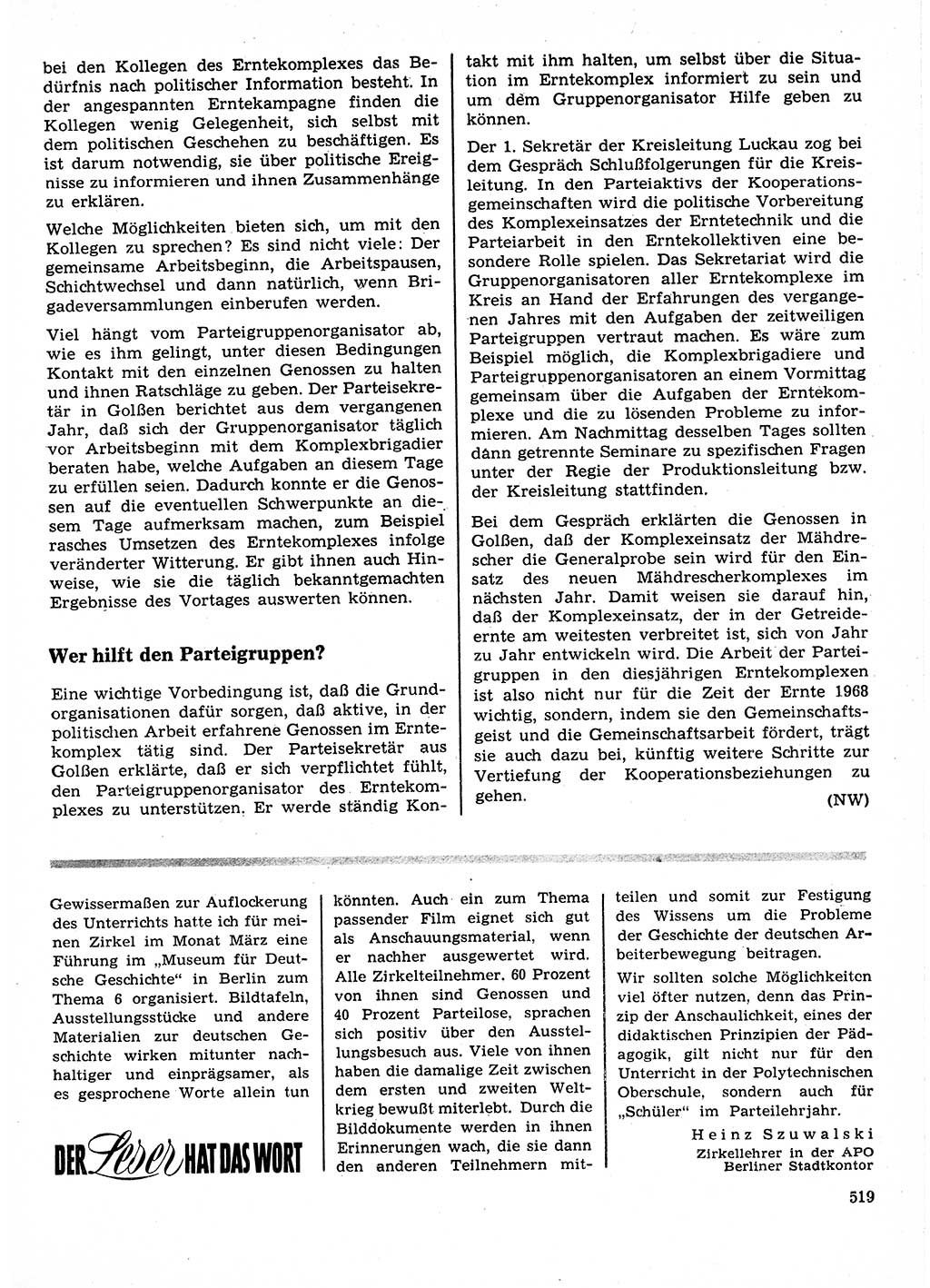 Neuer Weg (NW), Organ des Zentralkomitees (ZK) der SED (Sozialistische Einheitspartei Deutschlands) für Fragen des Parteilebens, 23. Jahrgang [Deutsche Demokratische Republik (DDR)] 1968, Seite 519 (NW ZK SED DDR 1968, S. 519)