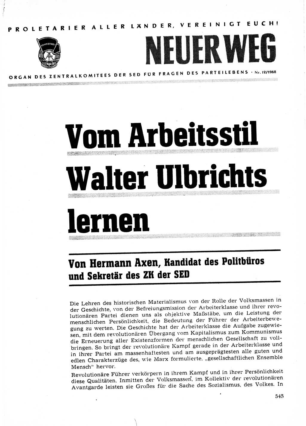 Neuer Weg (NW), Organ des Zentralkomitees (ZK) der SED (Sozialistische Einheitspartei Deutschlands) für Fragen des Parteilebens, 23. Jahrgang [Deutsche Demokratische Republik (DDR)] 1968, Seite 545 (NW ZK SED DDR 1968, S. 545)