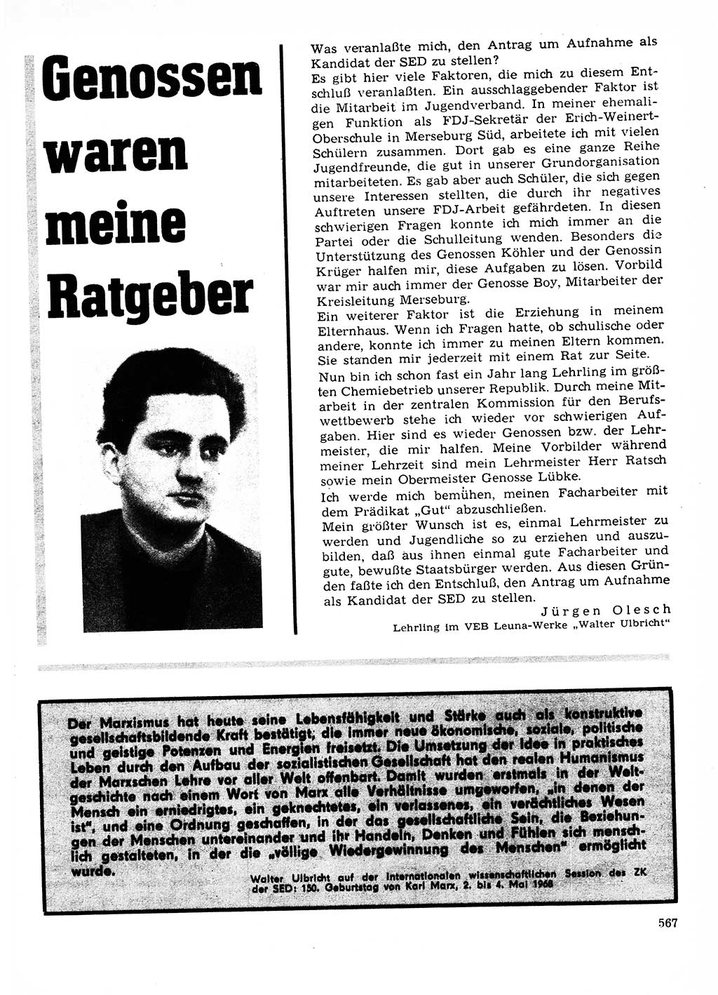 Neuer Weg (NW), Organ des Zentralkomitees (ZK) der SED (Sozialistische Einheitspartei Deutschlands) für Fragen des Parteilebens, 23. Jahrgang [Deutsche Demokratische Republik (DDR)] 1968, Seite 567 (NW ZK SED DDR 1968, S. 567)