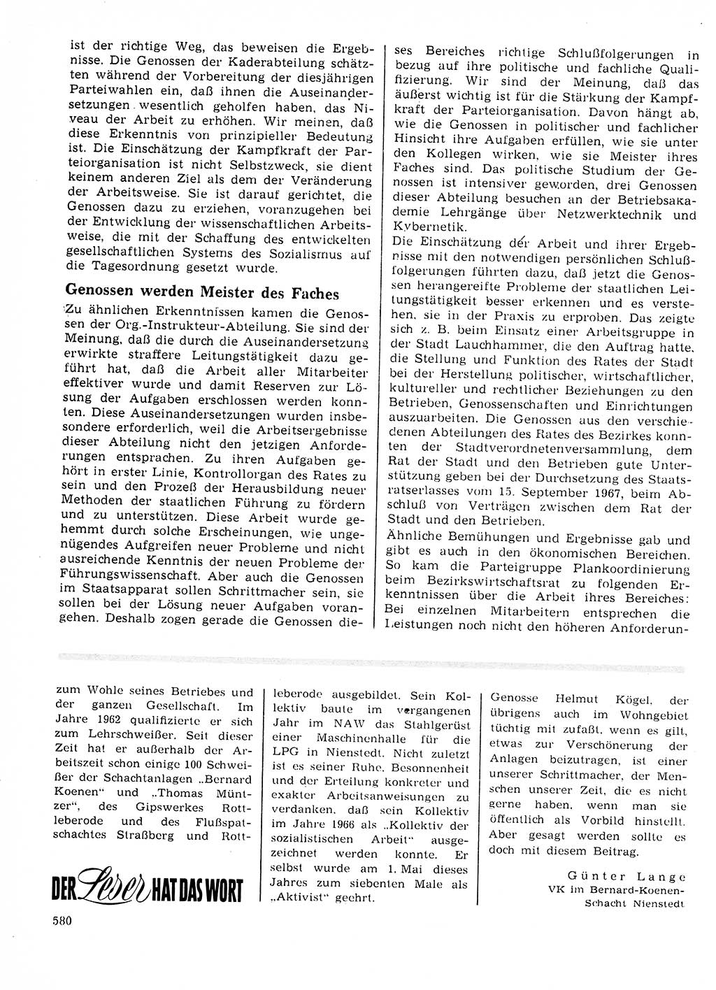 Neuer Weg (NW), Organ des Zentralkomitees (ZK) der SED (Sozialistische Einheitspartei Deutschlands) für Fragen des Parteilebens, 23. Jahrgang [Deutsche Demokratische Republik (DDR)] 1968, Seite 580 (NW ZK SED DDR 1968, S. 580)